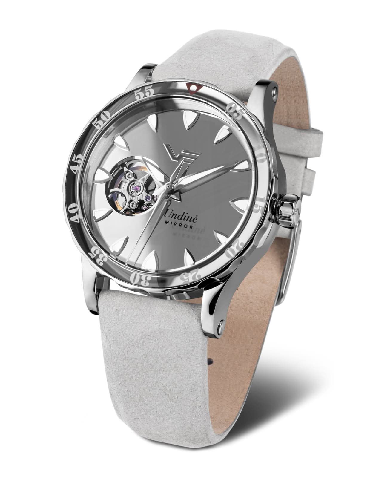 Orologio da donna con cinturino in pelle grigia e quadrante argentato, cassa in acciaio