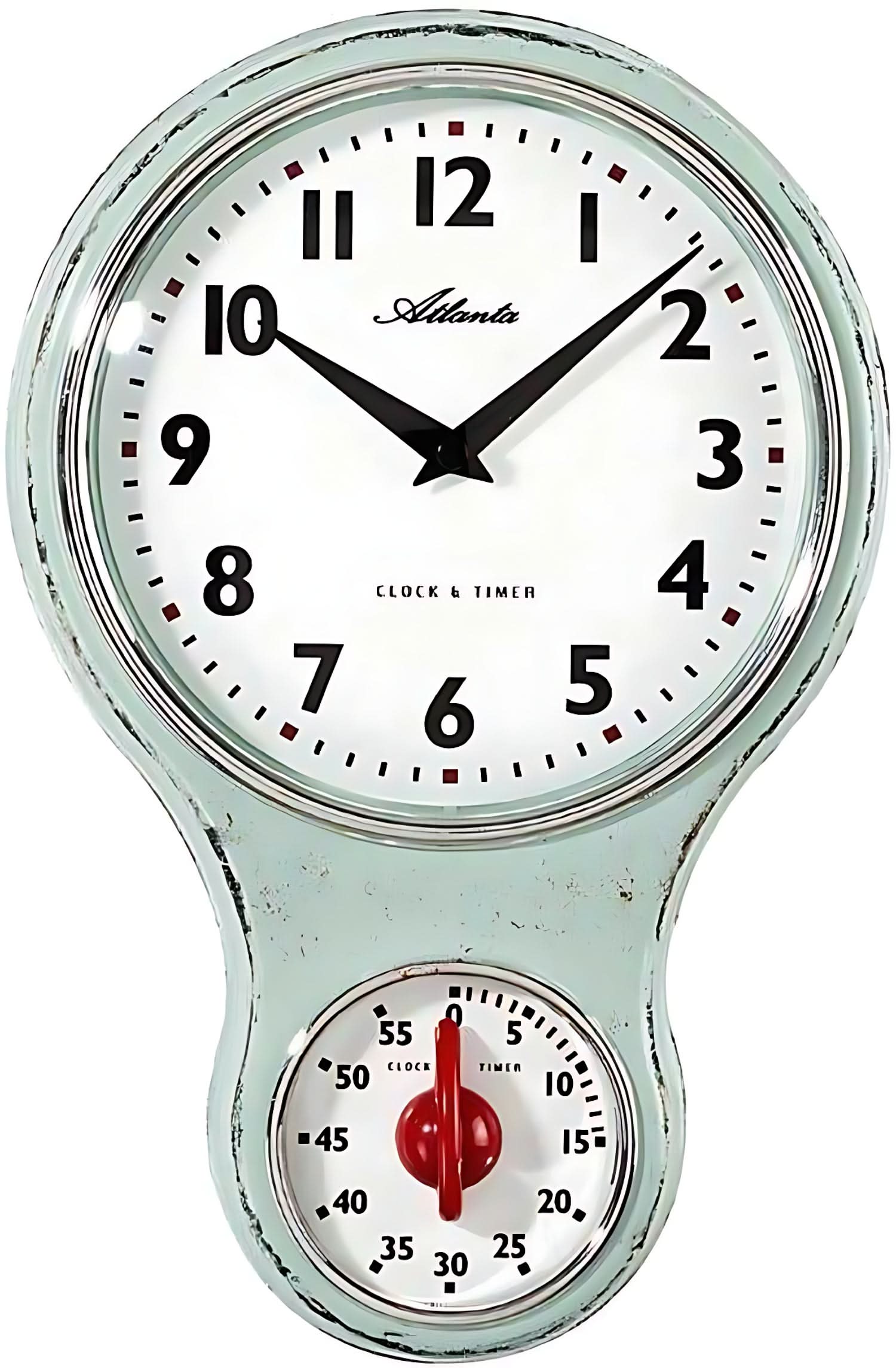 Orologio da parete Atlanta con cassa verde menta, quadrante bianco e timer rosso in basso