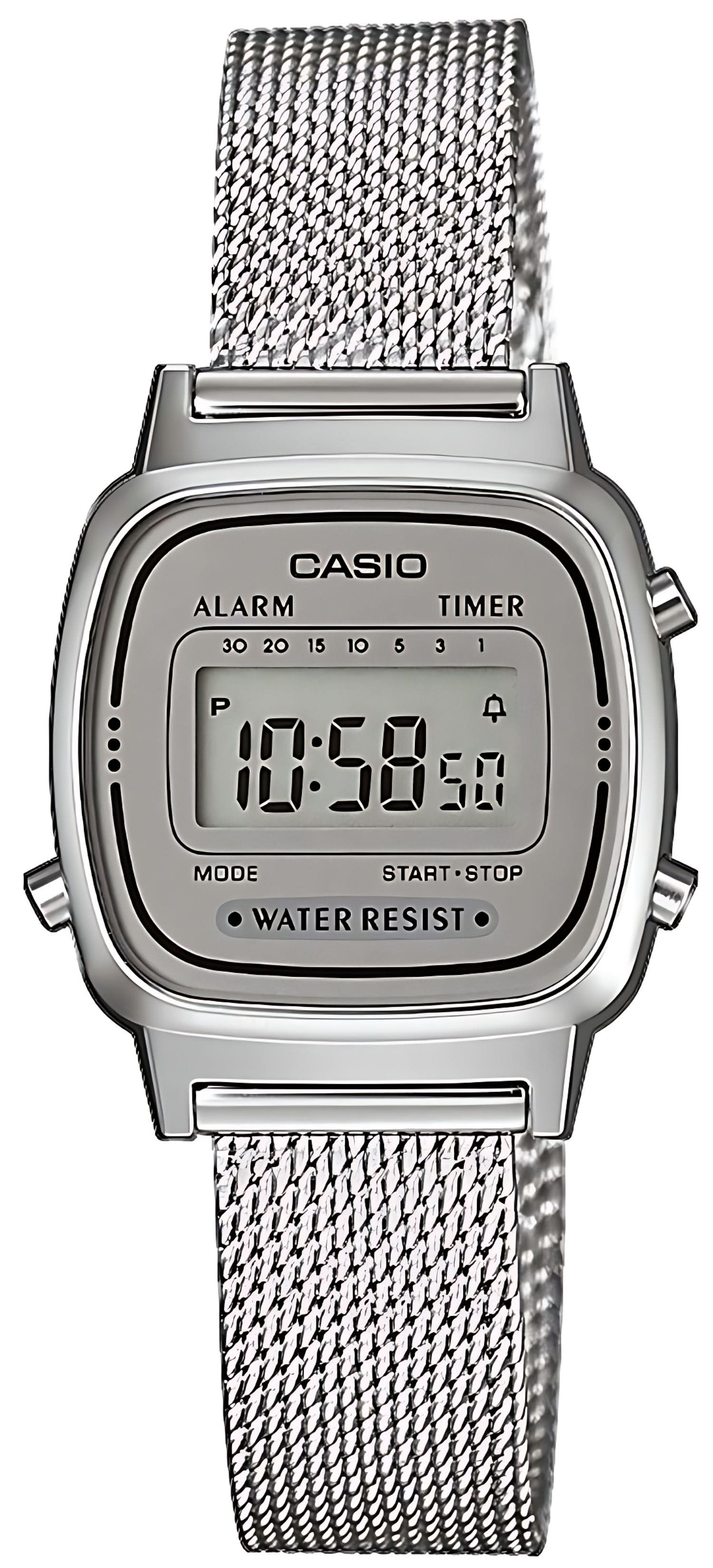 Orologio da donna Casio con bracciale in metallo argentato, cassa rotonda e display digitale