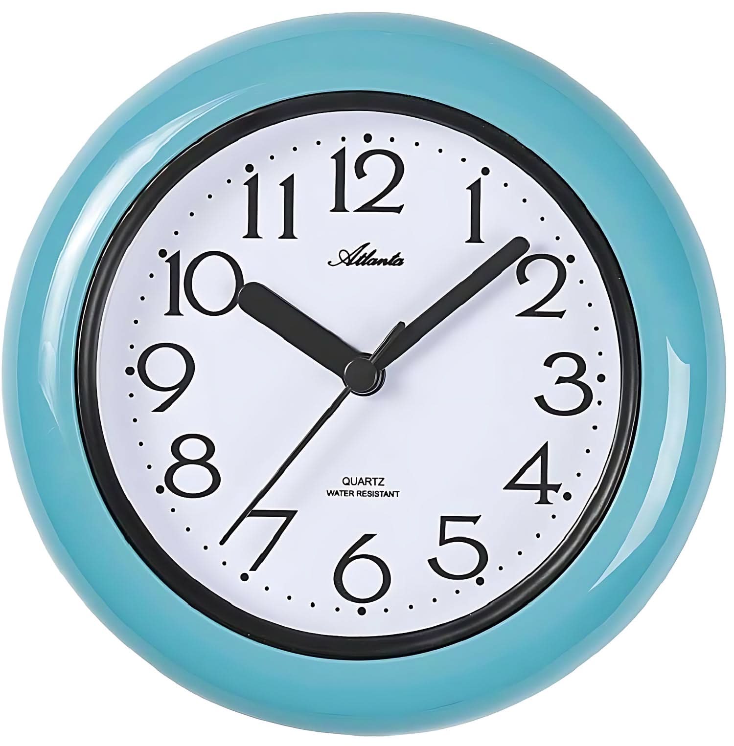 Orologio da parete rotondo in plastica, colore turchese, quadrante bianco con lancette nere