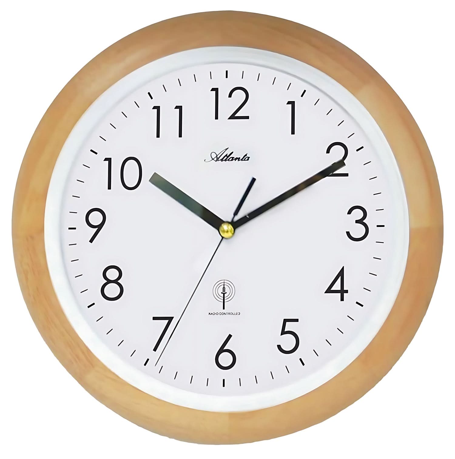 Orologio da parete radiocontrollato con cornice in legno, quadrante bianco e lancette nere