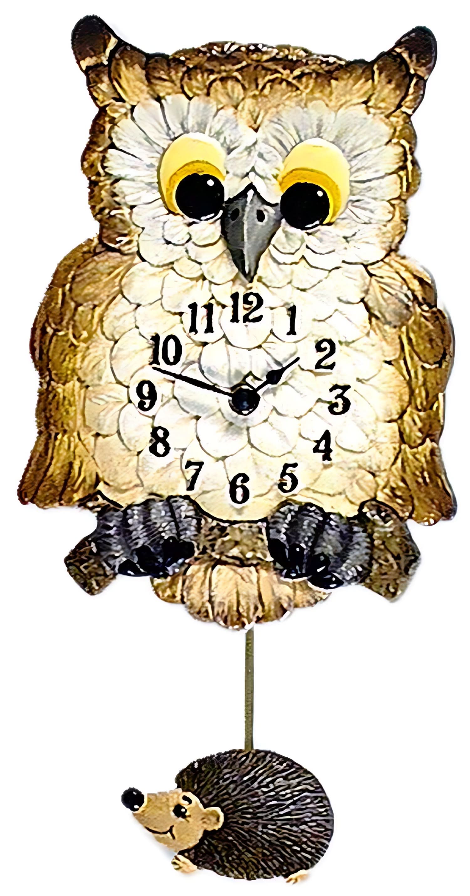Orologio da parete in ceramica con motivo a gufo, occhi gialli e pendolo pendente
