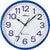 Orologio da parete con quadrante rotondo, sfondo bianco, bordo blu e lancette nere