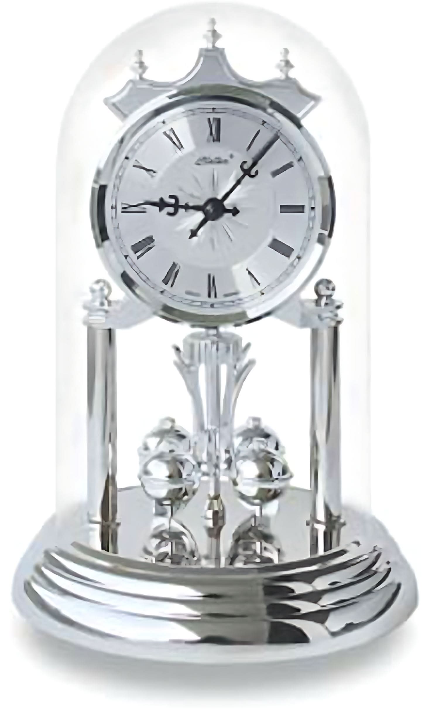Orologio da tavolo Haller in metallo con cupola in vetro e quadrante romano, lancette rotonde.