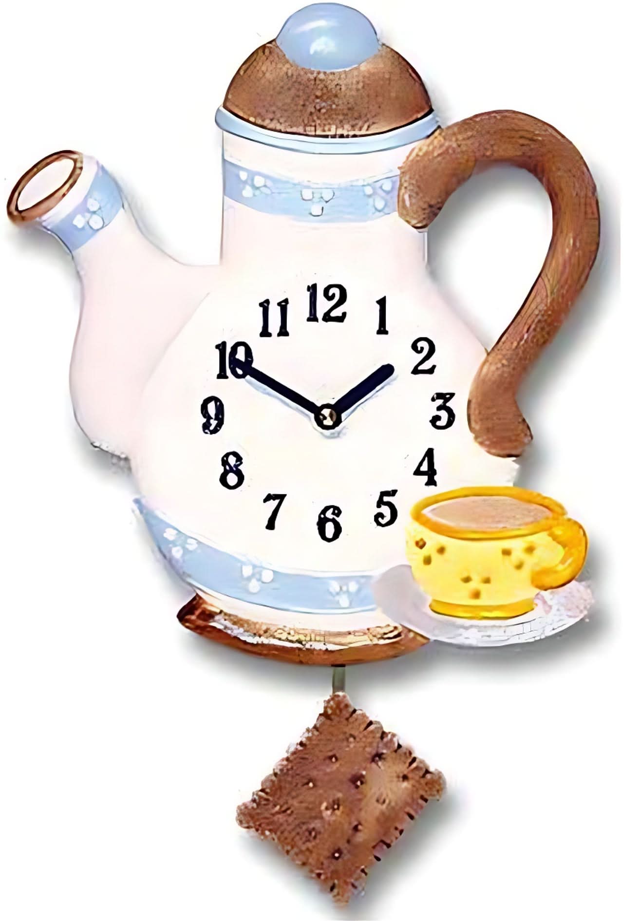 Orologio a pendolo a forma di teiera: bianco-blu, manici marroni, quadrante con numeri neri