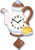 Orologio a pendolo a forma di teiera: bianco-blu, manici marroni, quadrante con numeri neri