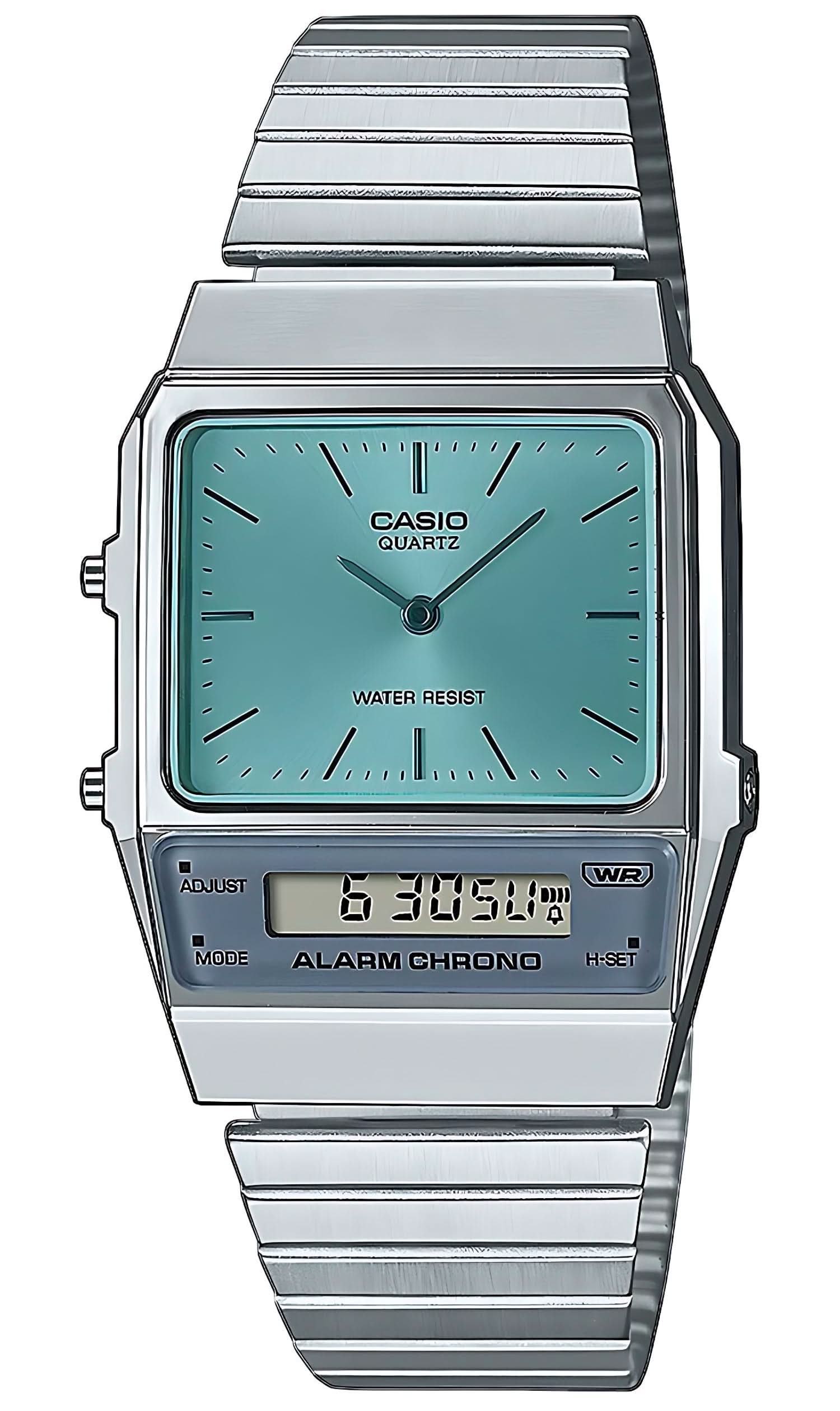 Orologio Casio Vintage con quadrante turchese, cinturino in metallo e display digitale