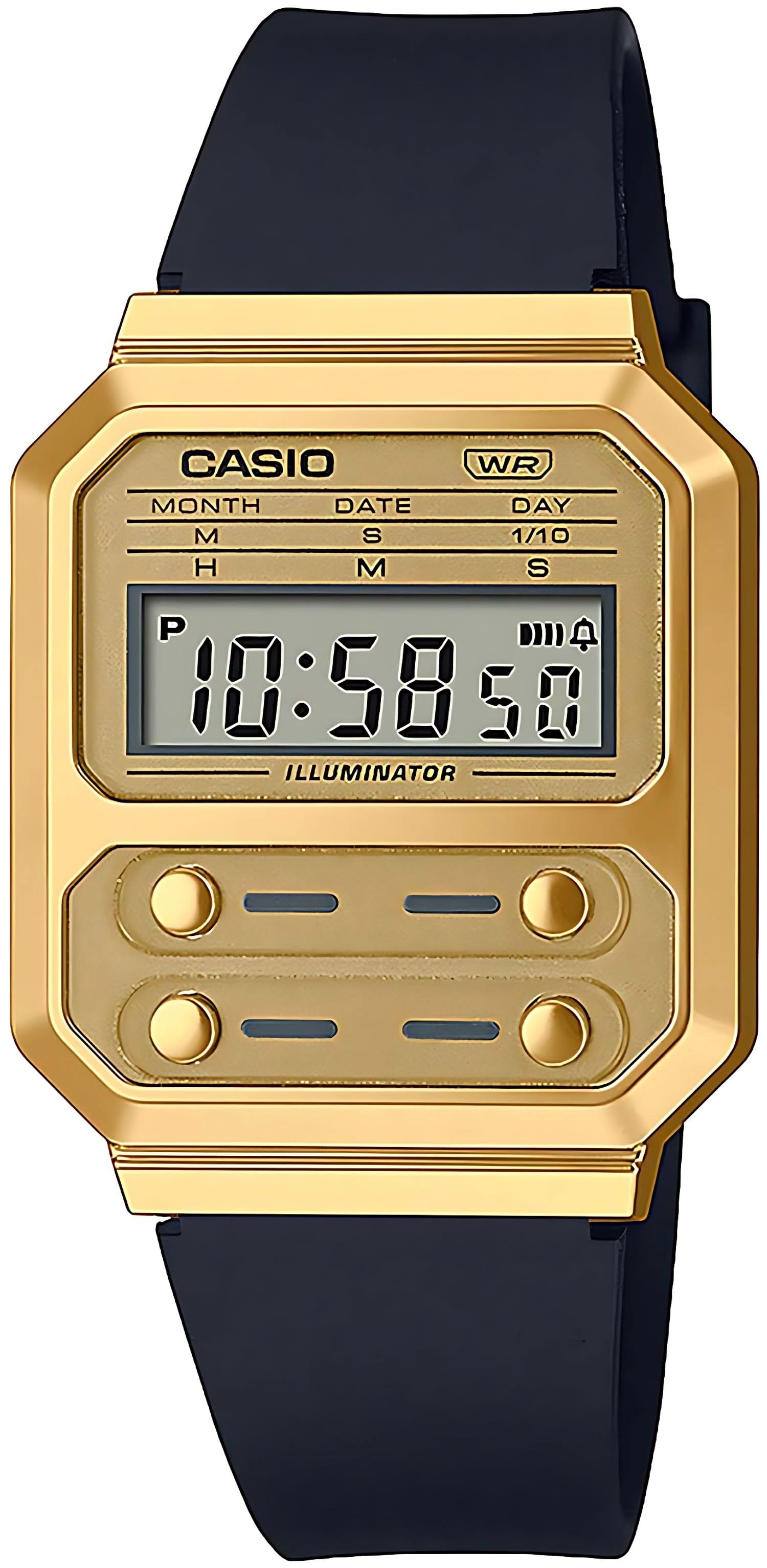 Orologio digitale retrò Casio con cassa color oro e cinturino nero, display rettangolare