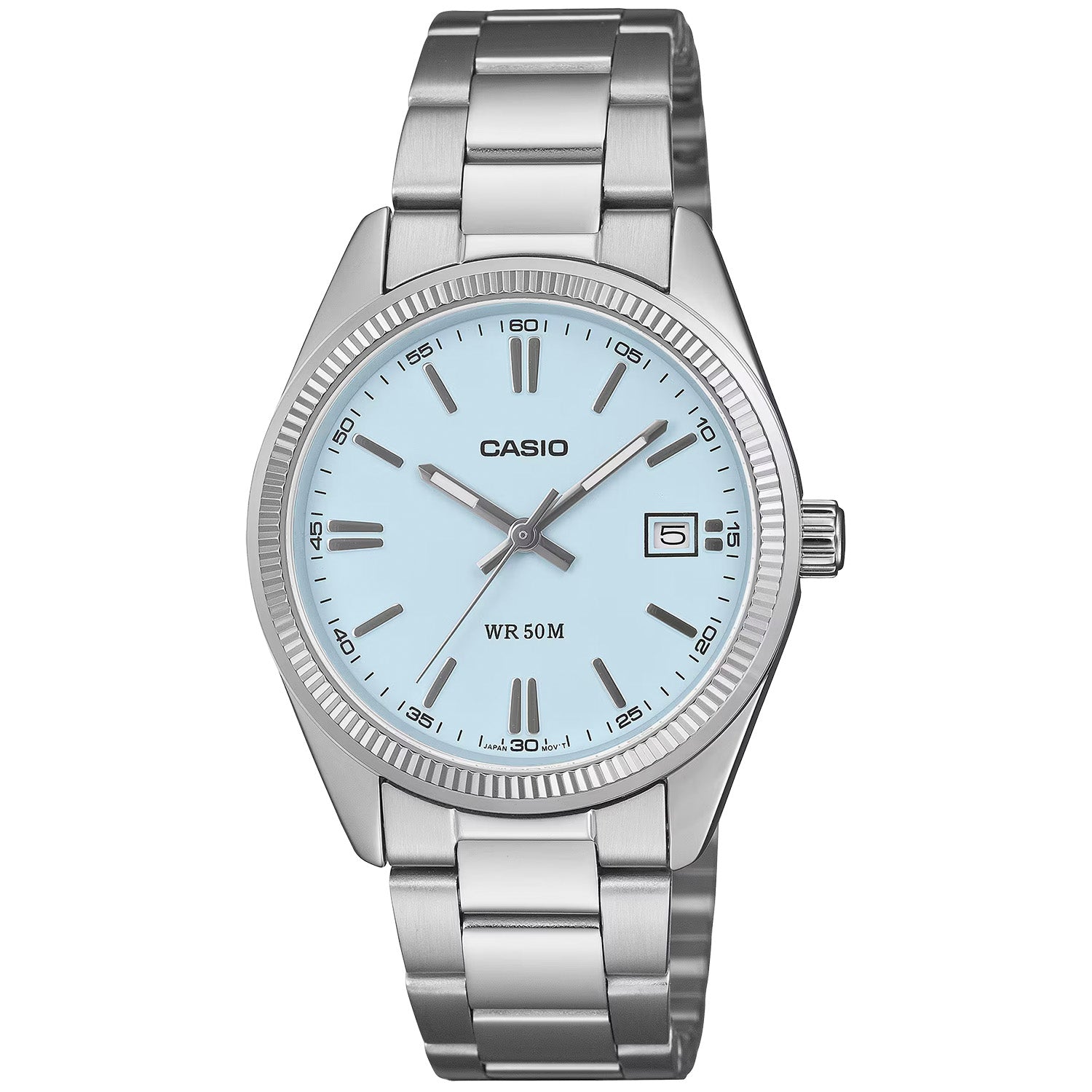 Zegarek damski Casio z niebieską tarczą, okrągłą kopertą ze stali szlachetnej i metalową bransoletą