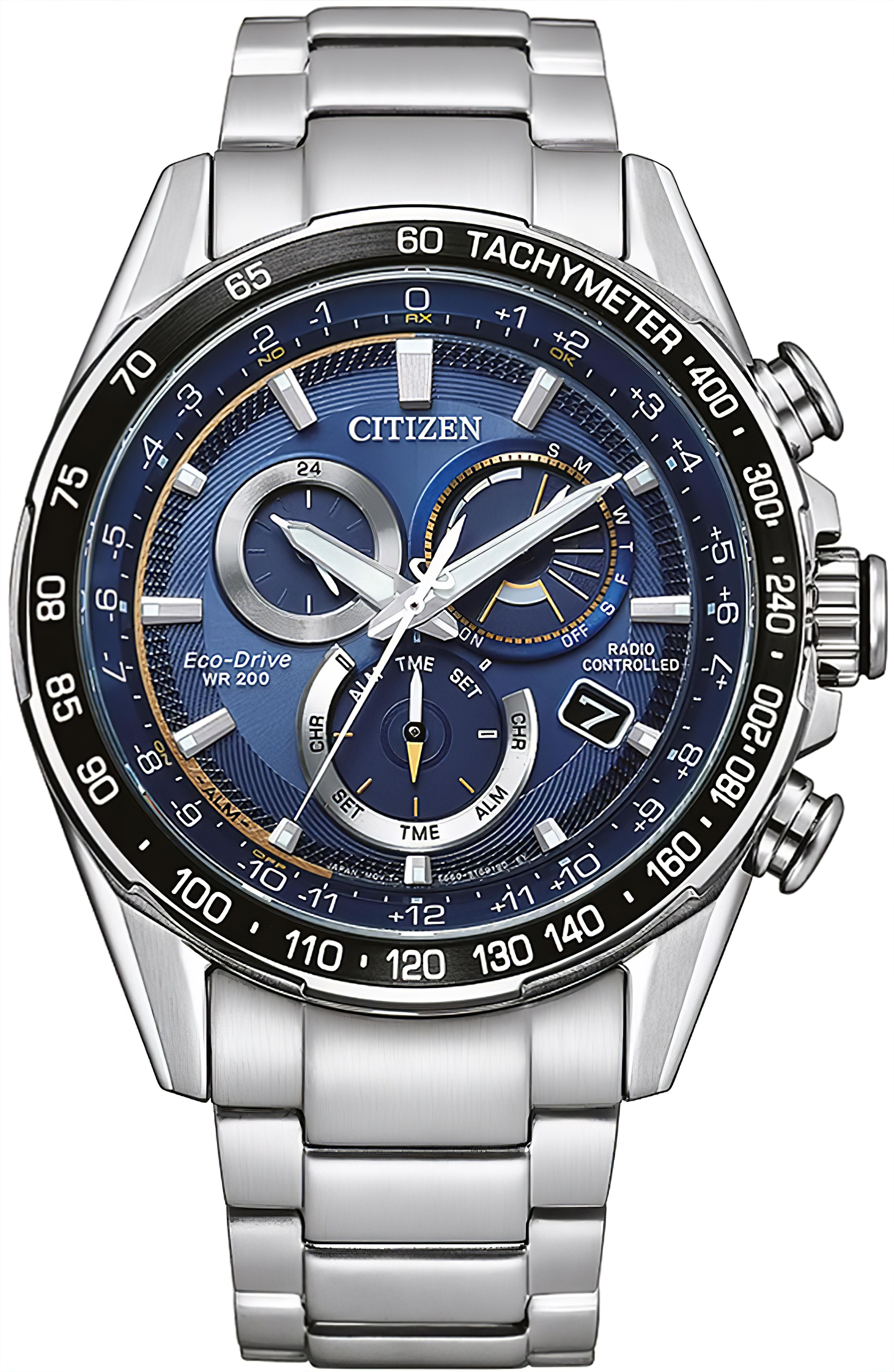 Herrenarmbanduhr mit Edelstahlarmband, blauem Zifferblatt und Tachymeter-Lünette