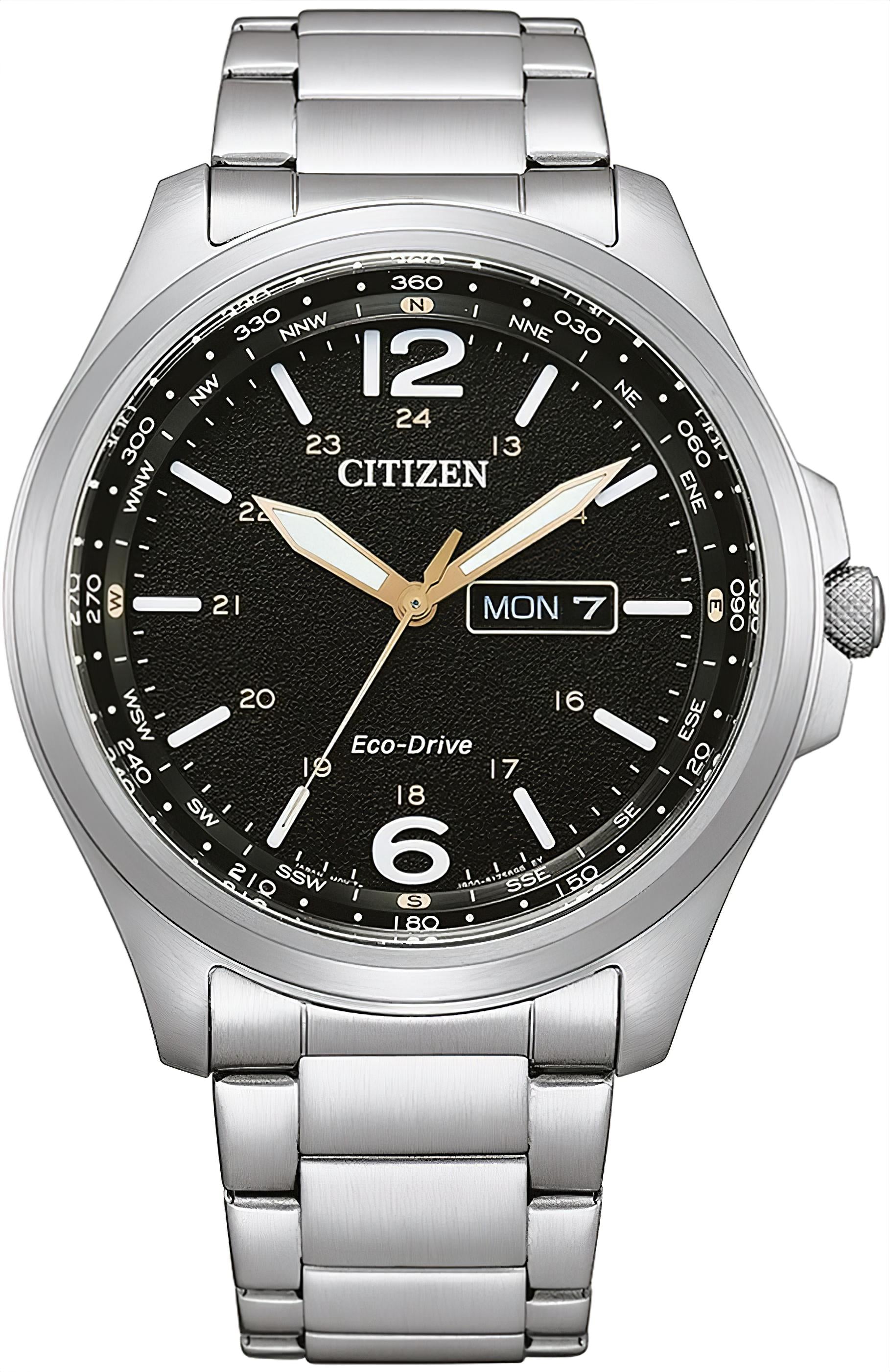 Herrenarmbanduhr Citizen Eco-Drive aus Edelstahl mit schwarzem Zifferblatt und Datumsanzeige