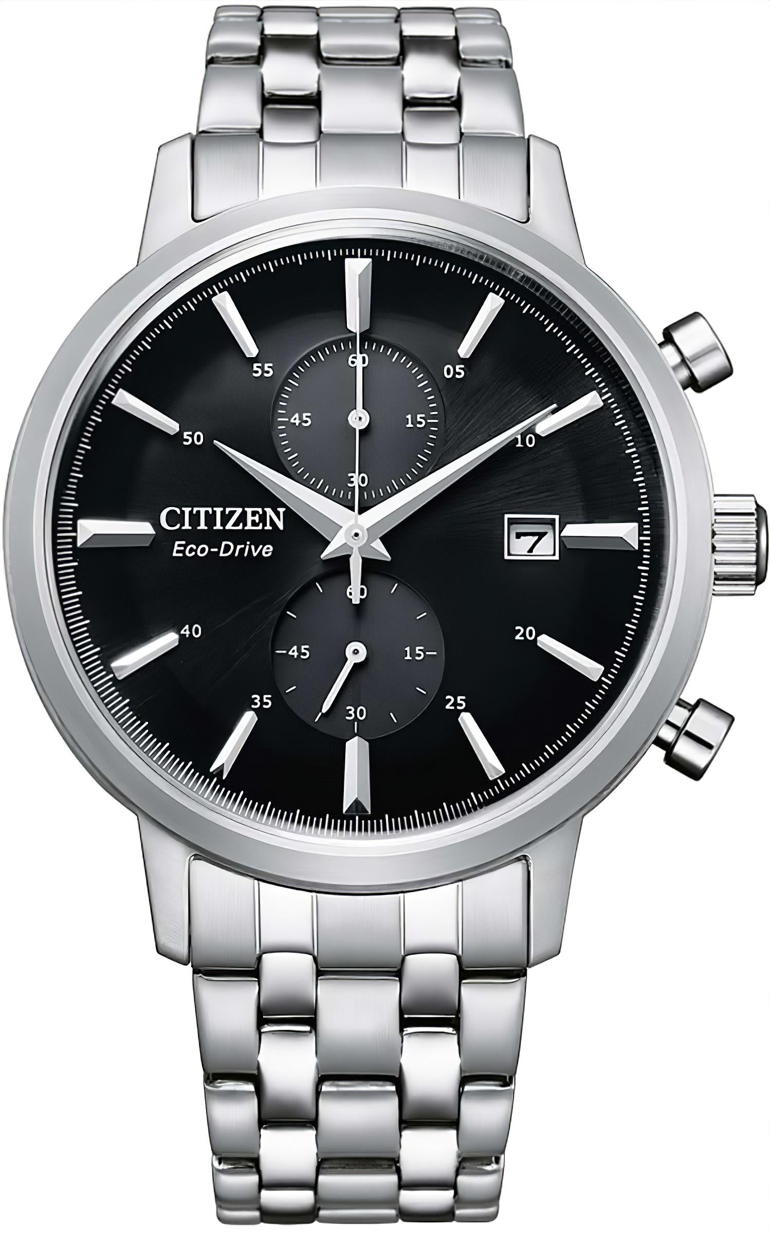 Citizen Herrenuhr-Chronograph mit Eco-Drive, schwarzem Zifferblatt, Edelstahlarmband