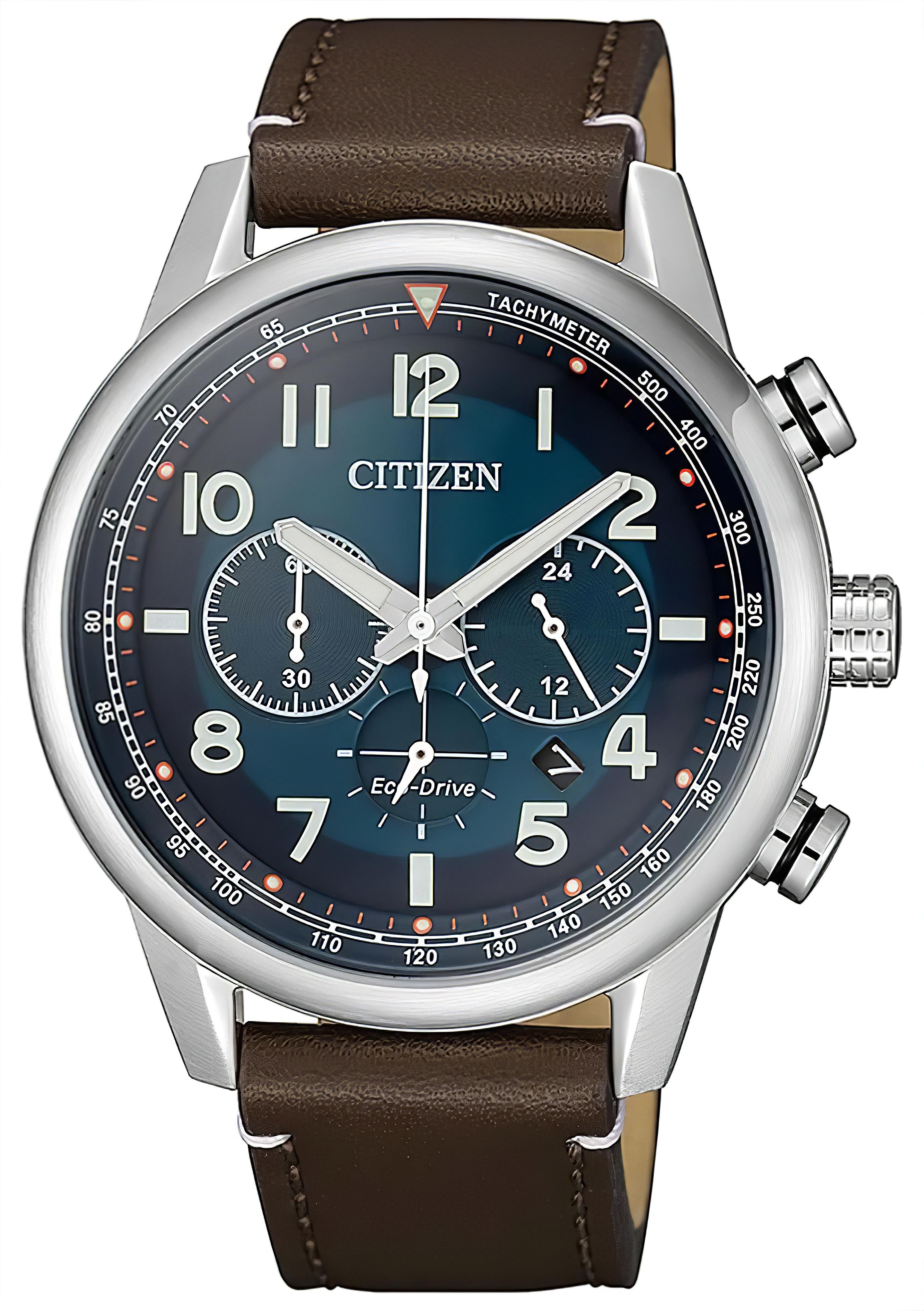 Citizen Eco-Drive Chronograph Herrenuhr: braunes Lederarmband, Gehäuse, dunkelblaues Zifferblatt