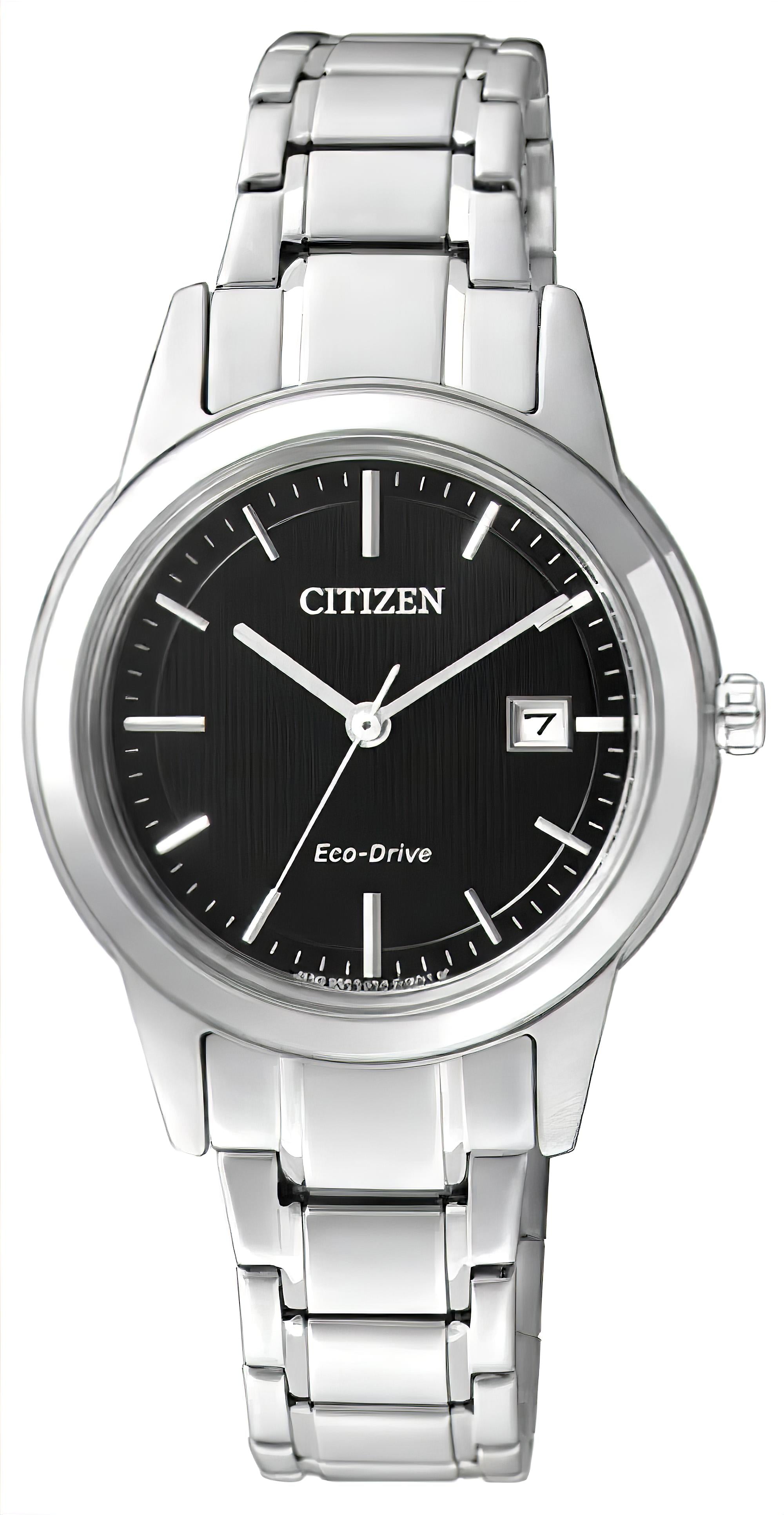 Damenuhr Citizen Eco-Drive mit Edelstahlband, schwarzem Zifferblatt und Datumsanzeige