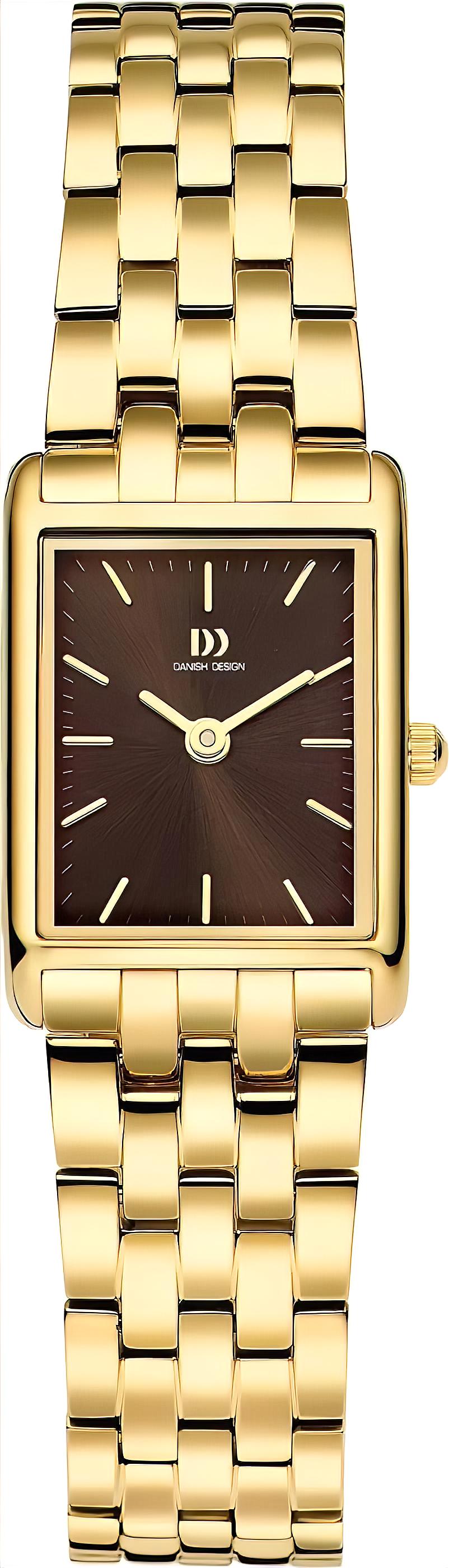 Damenuhr mit quadratischem Zifferblatt und goldfarbenem Armband; dunkelbraunes Zifferblatt