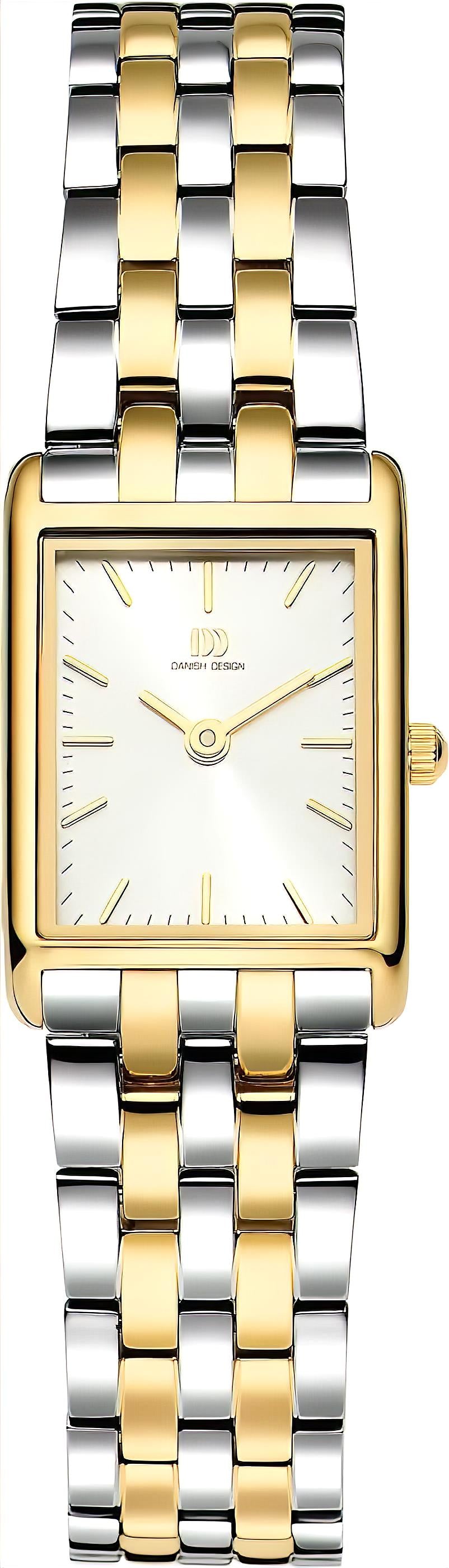 Damen-Armbanduhr mit zweifarbigem Metallarmband, goldenem Eckgehäuse, weißem Zifferblatt