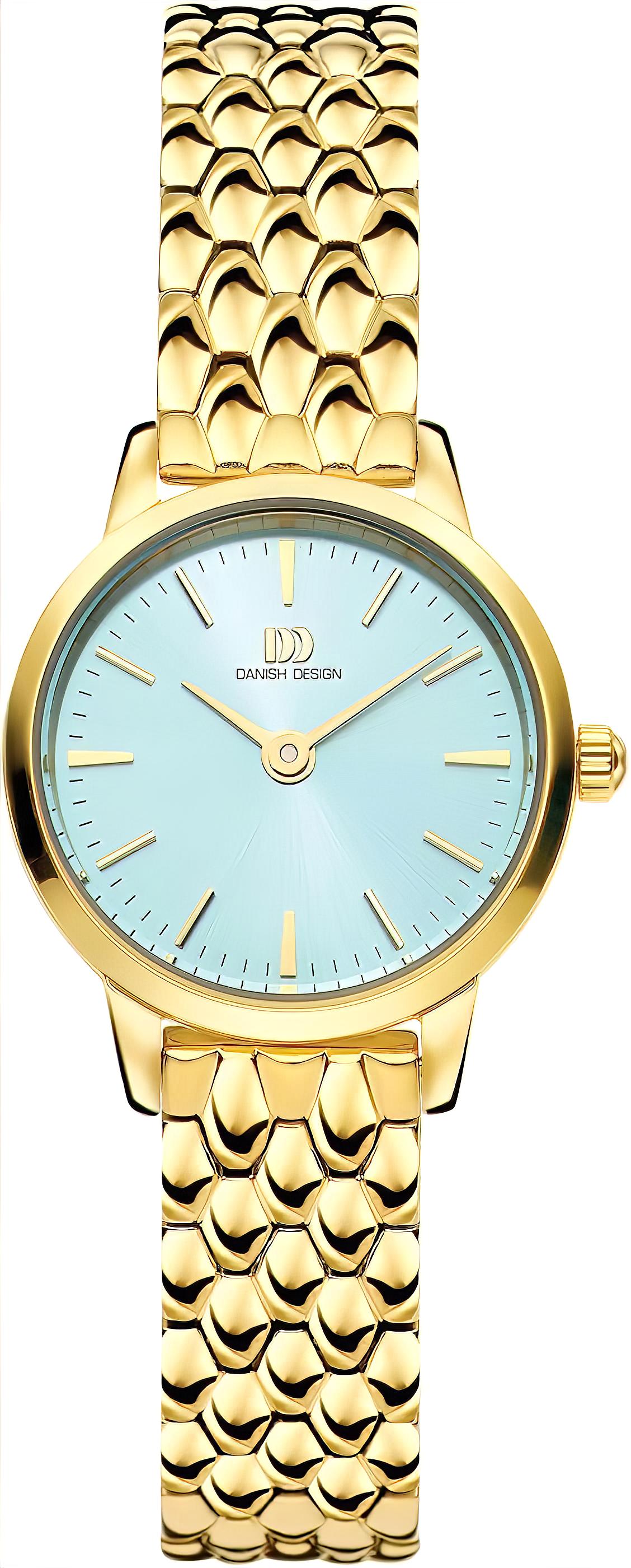 Danish Design Damenuhr aus Edelstahl 3320353 mit goldenem Armband und blauem Zifferblatt.