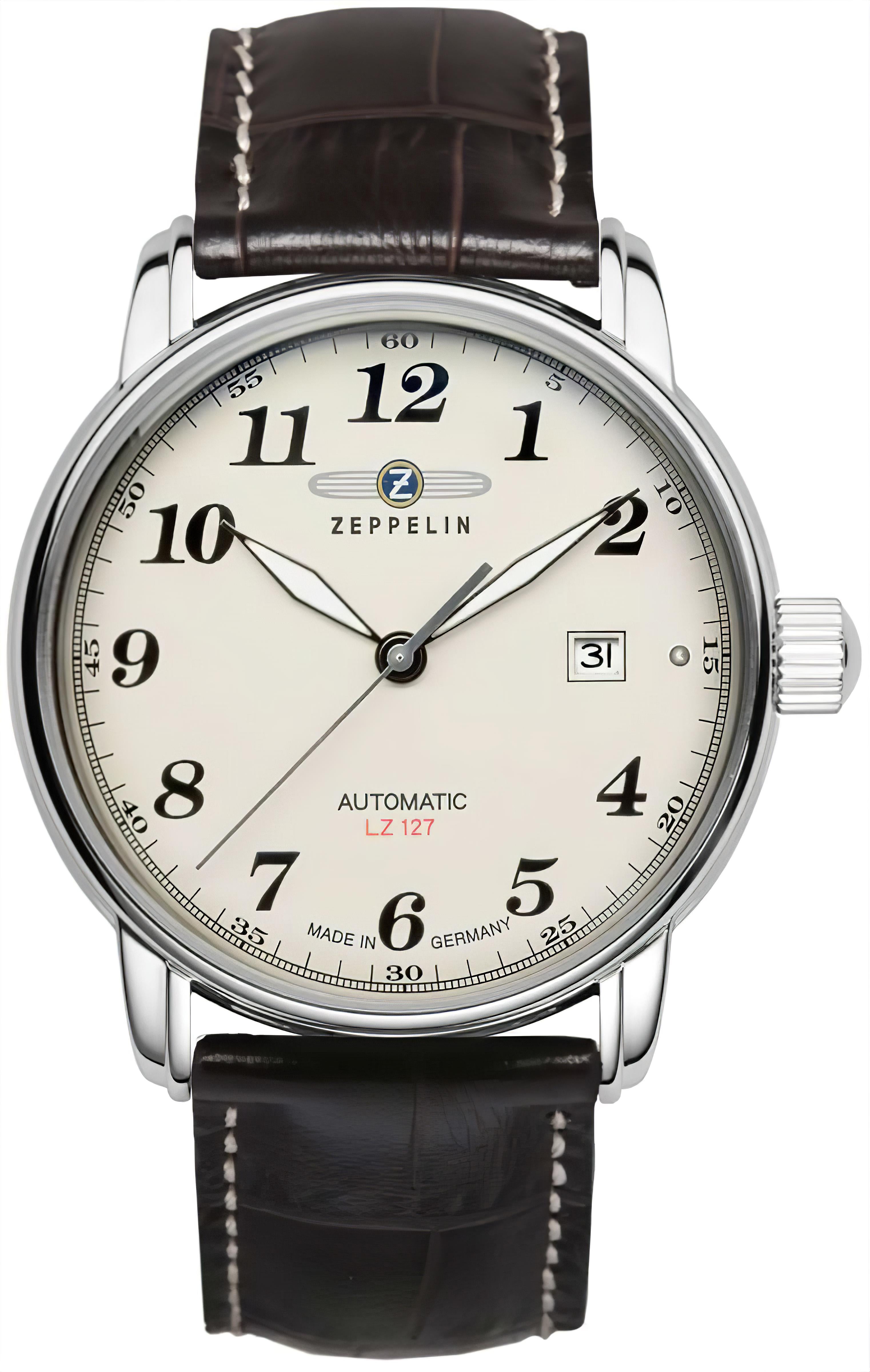 Herrenarmbanduhr: beiges Zifferblatt, Automatik, Edelstahlgehäuse, dunkelbraunes Lederband.