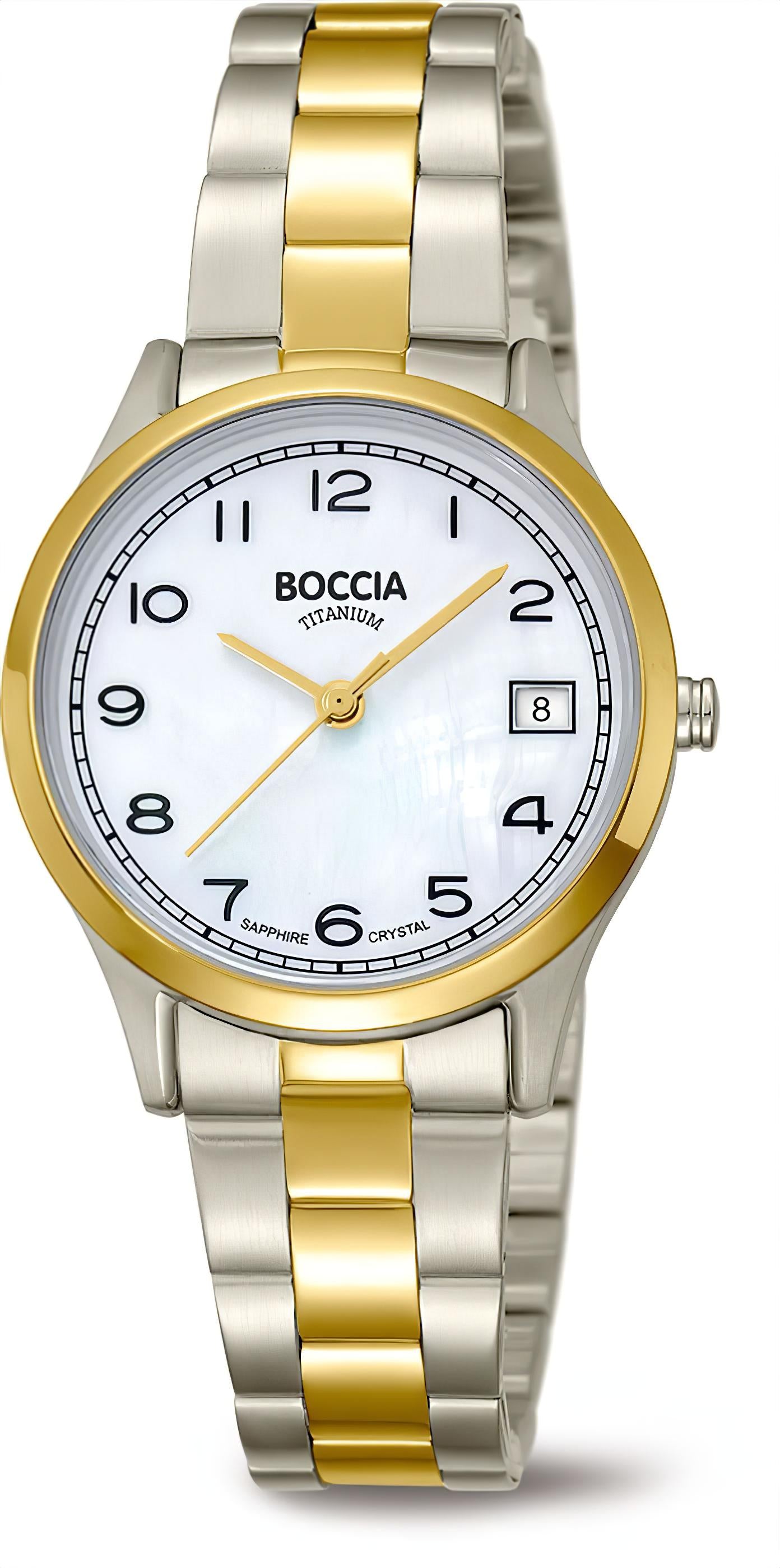Boccia Damenuhr mit zweifarbigem Titanarmband, weißem Zifferblatt und goldenen Akzenten
