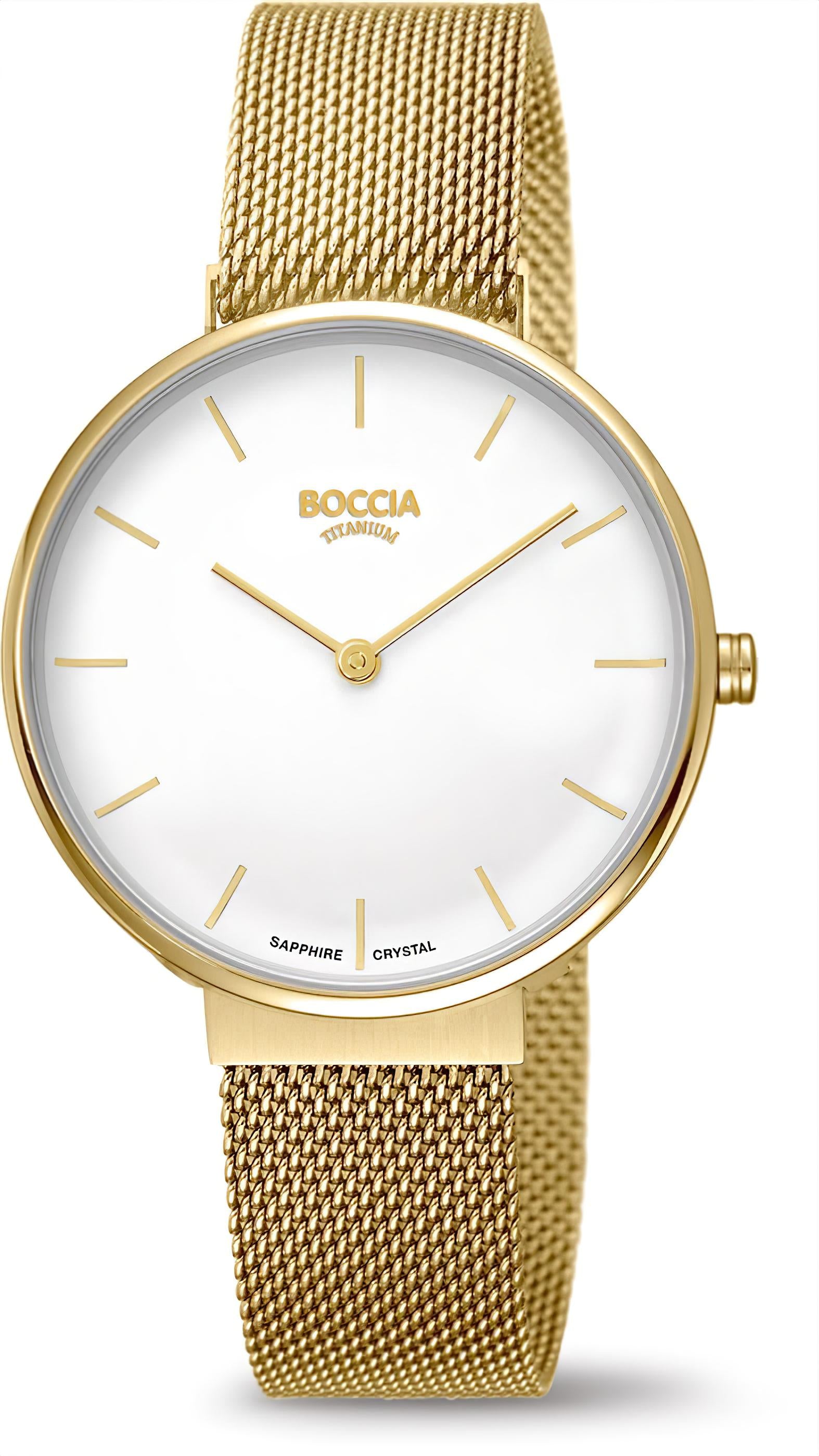 Damenuhr Boccia mit goldfarbenem Mesh-Armband, weißem Zifferblatt und goldenem Zeigerwerk