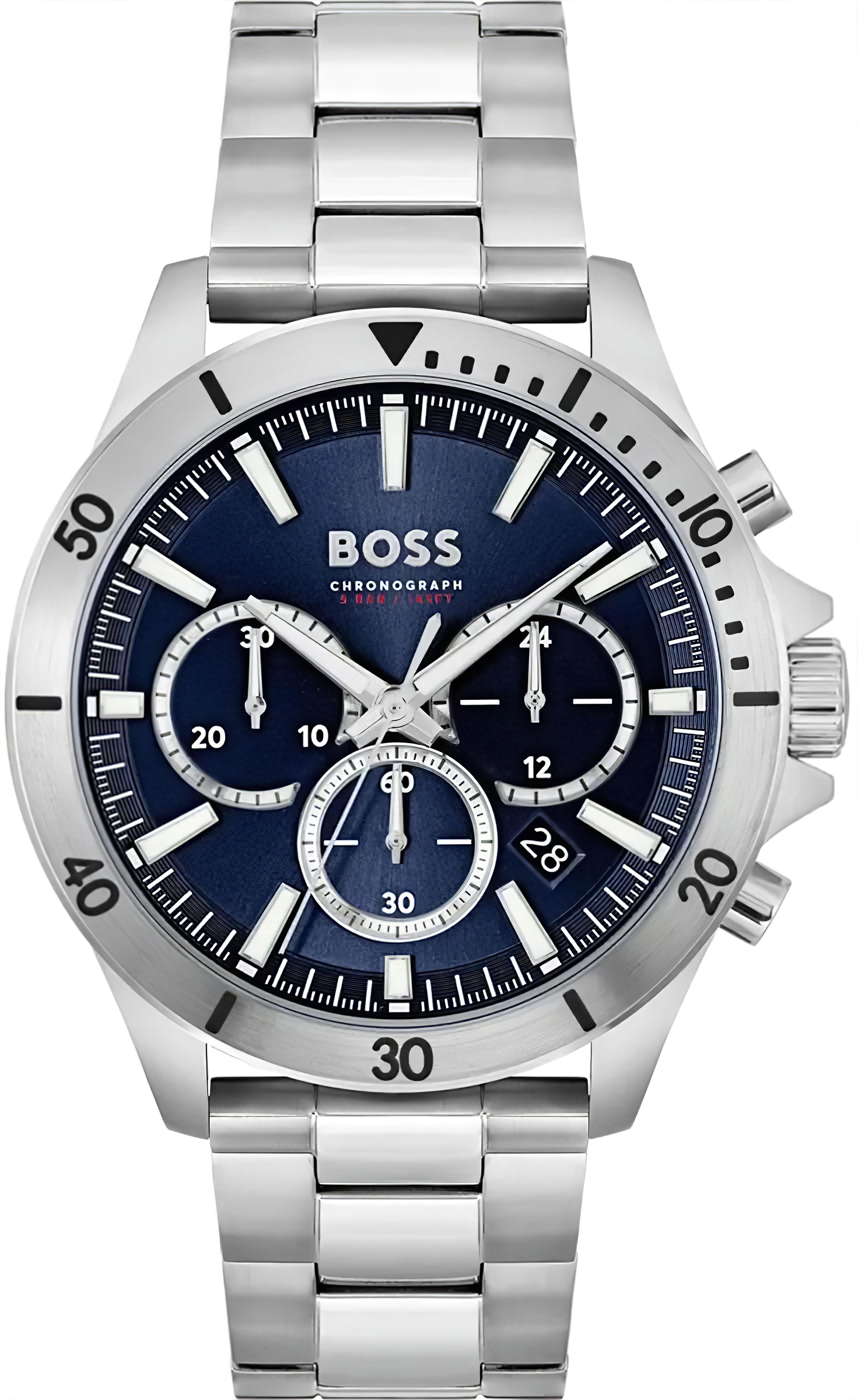 Męski chronograf BOSS z niebieską tarczą, bransoletą ze stali szlachetnej i trzema licznikami
