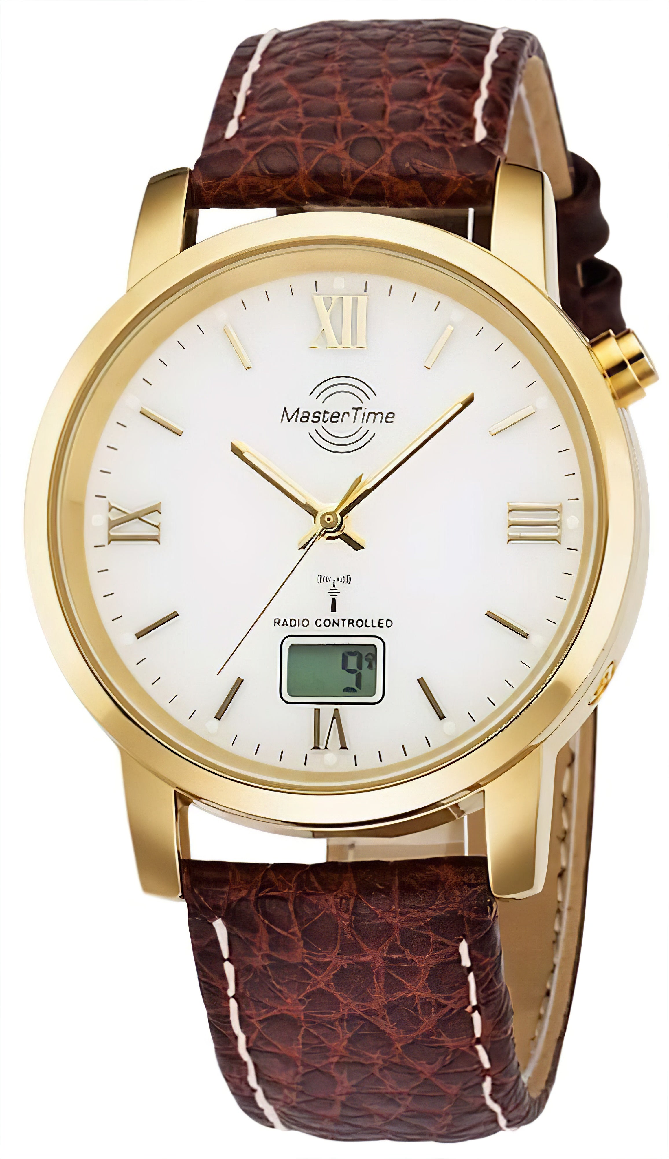 Herrenarmbanduhr mit braunem Lederarmband, goldfarbenem Gehäuse und weißem Zifferblatt