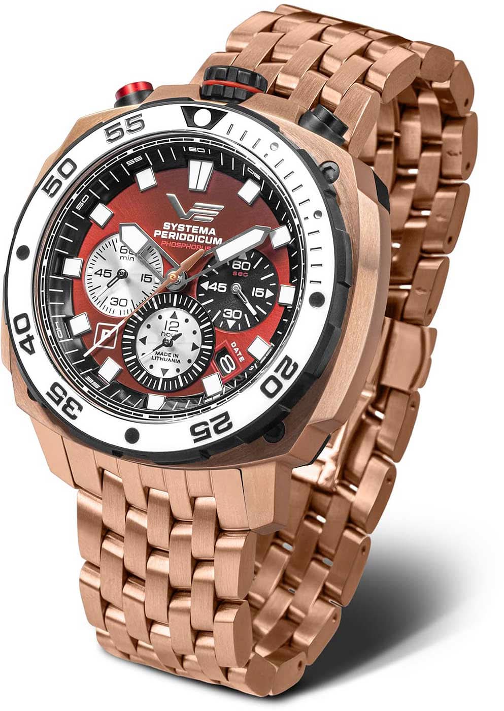 Herrenarmbanduhr mit roségoldfarbenem Metallarmband, rundem Gehäuse und rotem Zifferblatt