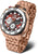 Herrenarmbanduhr mit roségoldfarbenem Metallarmband, rundem Gehäuse und rotem Zifferblatt