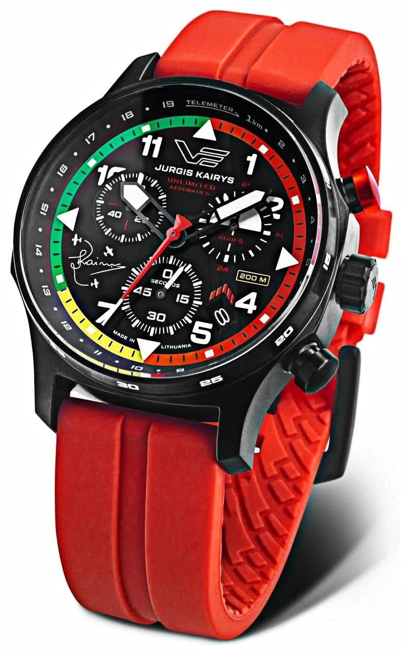 Orologio da uomo con cinturino in tessuto rosso, quadrante nero con indici luminescenti e look cronografo