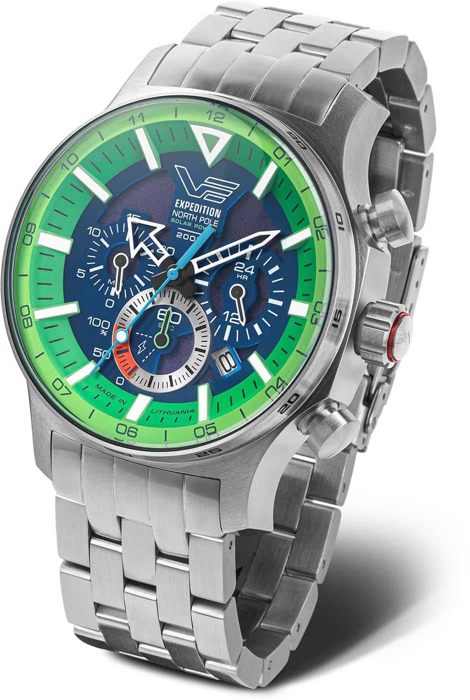 Orologio da uomo con quadrante verde, dettagli cronografo e cinturino in acciaio inossidabile