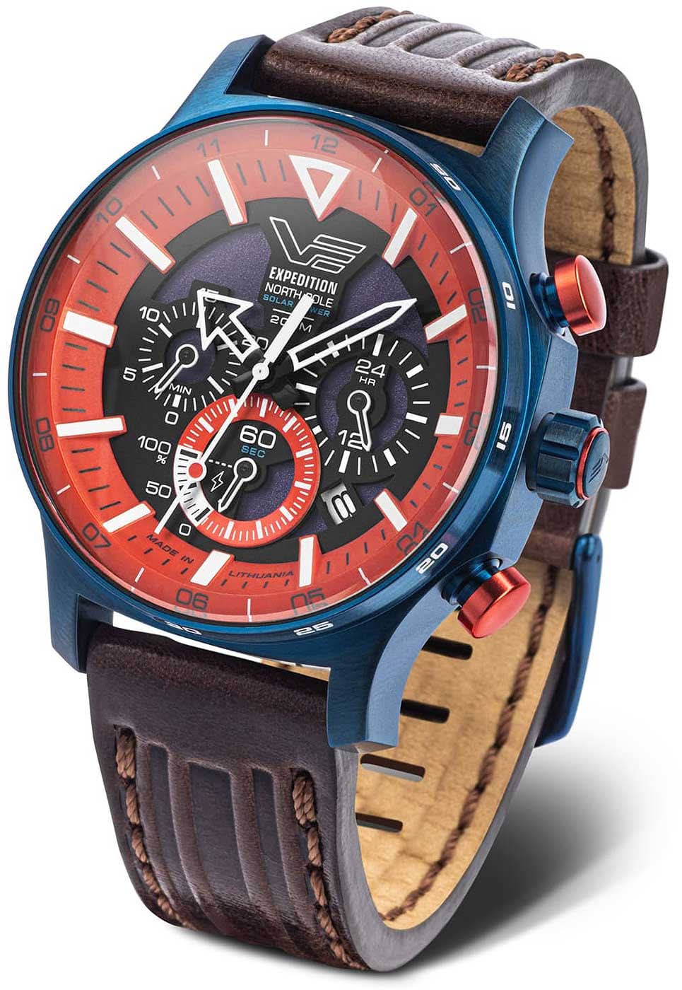 Herrenarmbanduhr mit blauem Gehäuse und braunem Lederband, schwarzem Zifferblatt