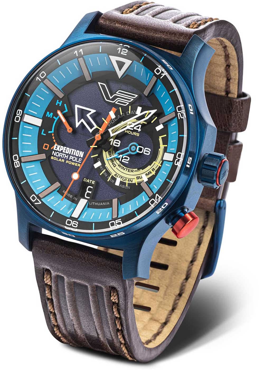 Orologio da uomo con quadrante blu e cinturino in pelle marrone