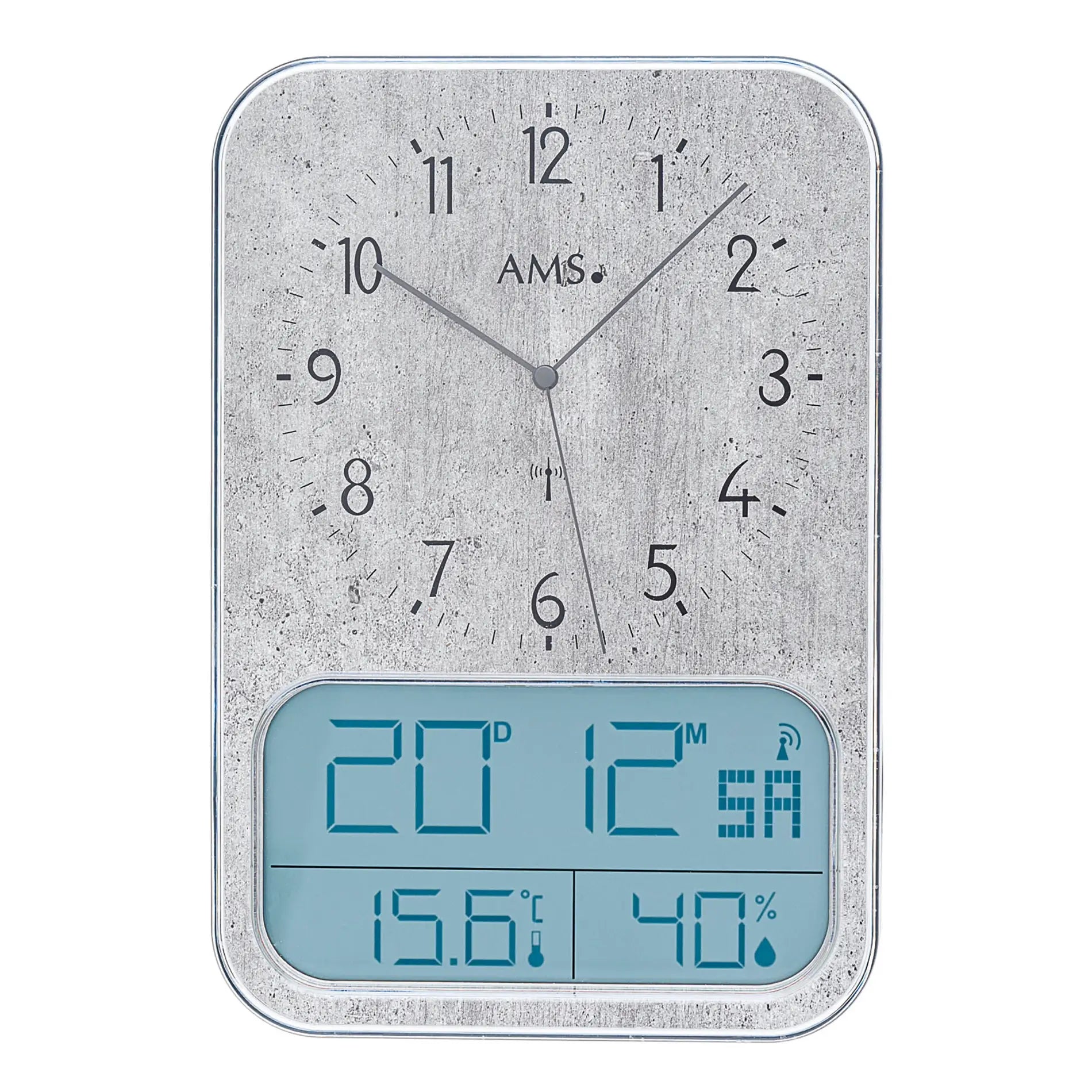 Orologio da parete con lancette analogiche e display digitale blu per temperatura e umidità