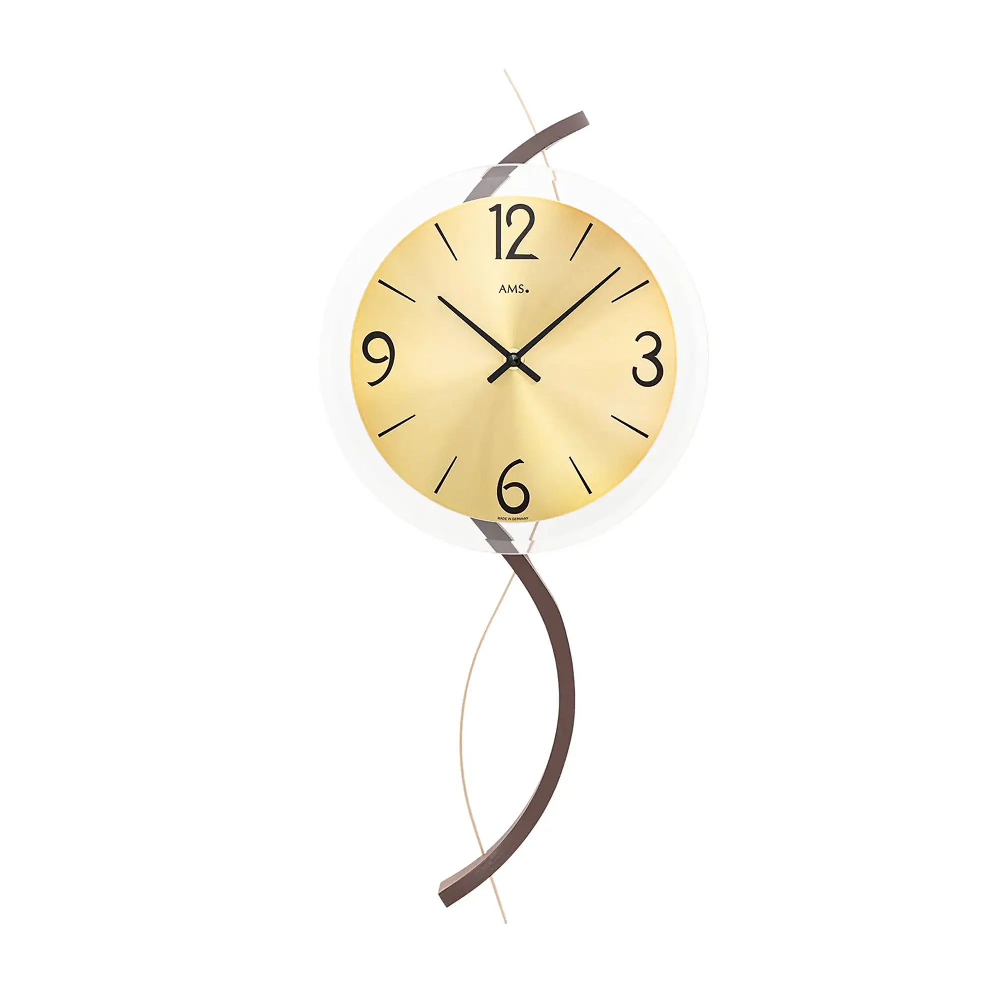 Orologio da parete con quadrante rotondo color oro, lancette nere e cornice scura curva