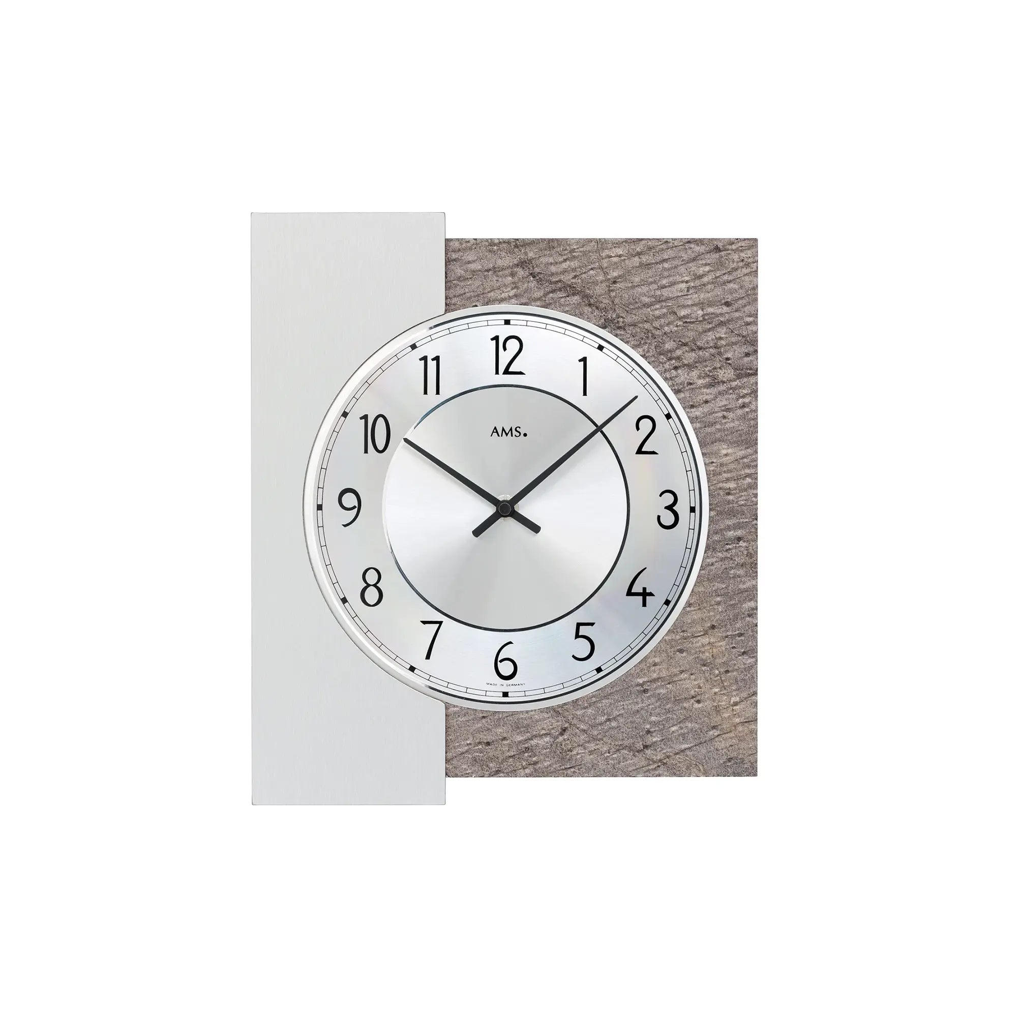 AMS Wanduhr mit rundem Aluminium-Zifferblatt und Naturstein-Rahmen, schwarze Zeiger