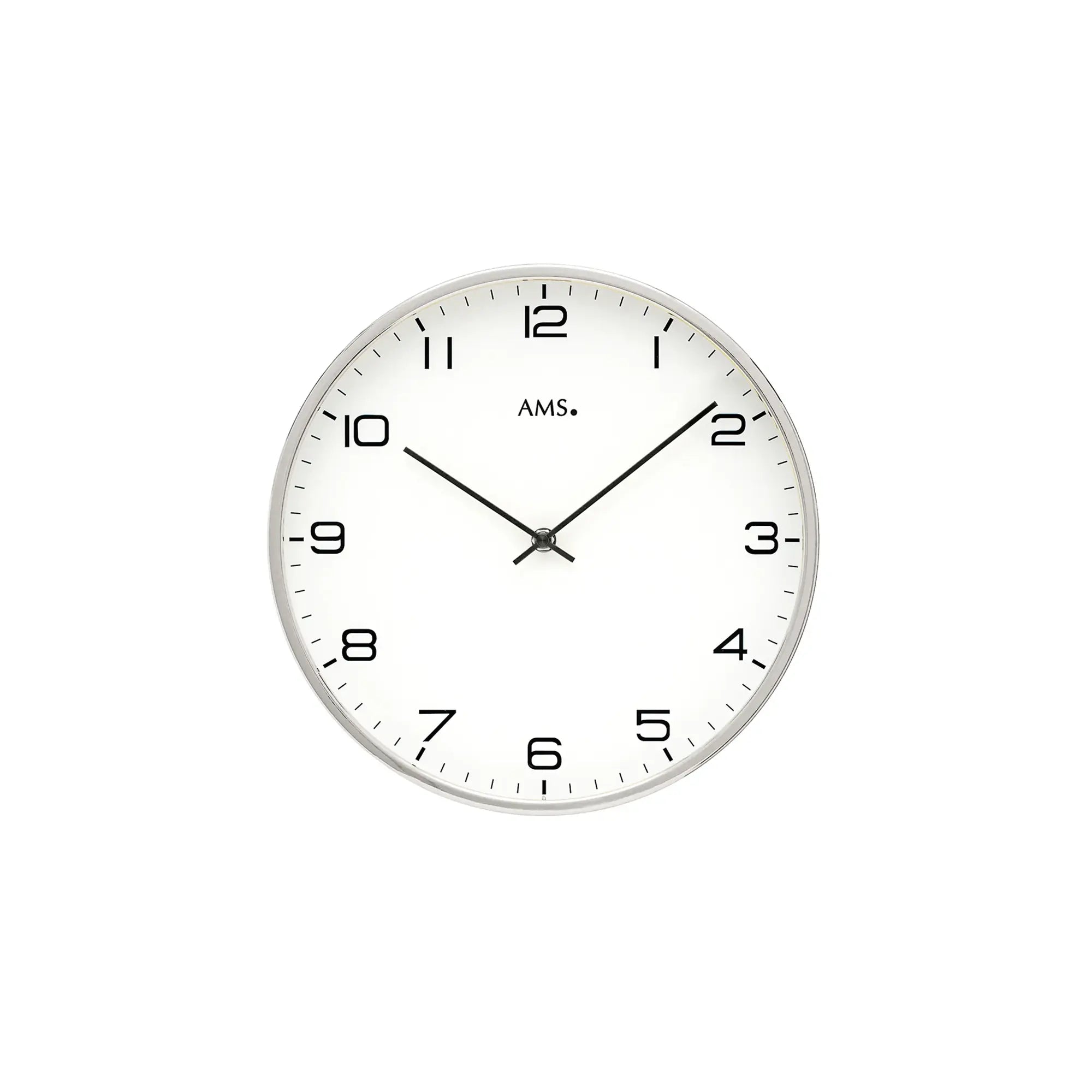 Wanduhr mit vernickeltem Rahmen, weißem Zifferblatt, Mineralglas und Quarzwerk