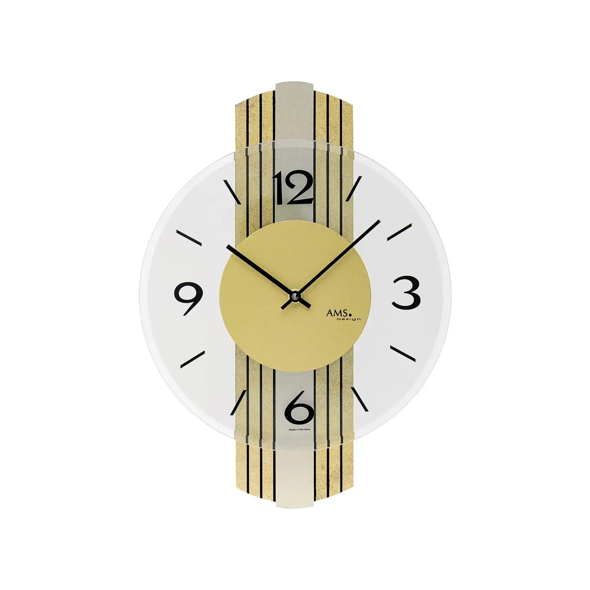 Wanduhr mit gelbem Ziffernblatt, schwarzer Zeitanzeige, goldfarbenem Holzgehäuse im Vintage-Look