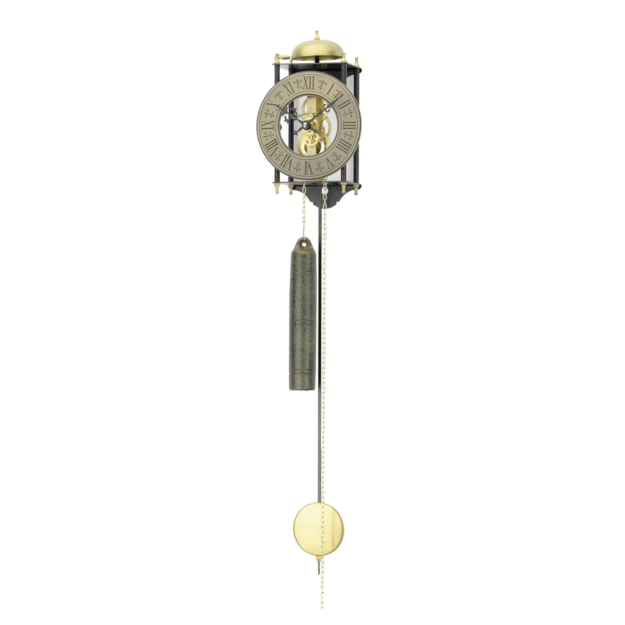 Orologio da parete con quadrante rotondo, cupola dorata e asta a pendolo