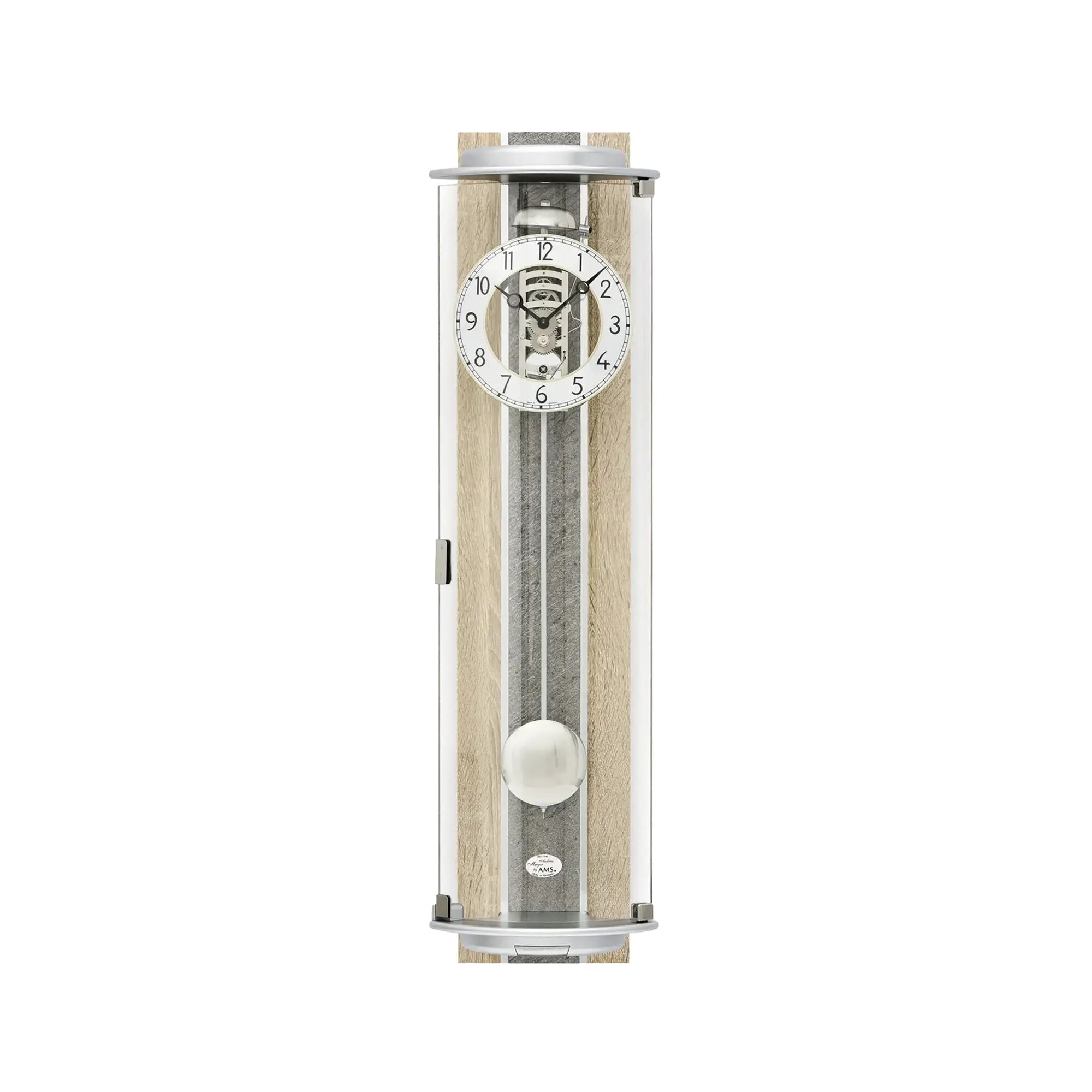 Wanduhr mit Glasrahmen, grauem Pendel und weißem Zifferblatt mit arabischen Zahlen