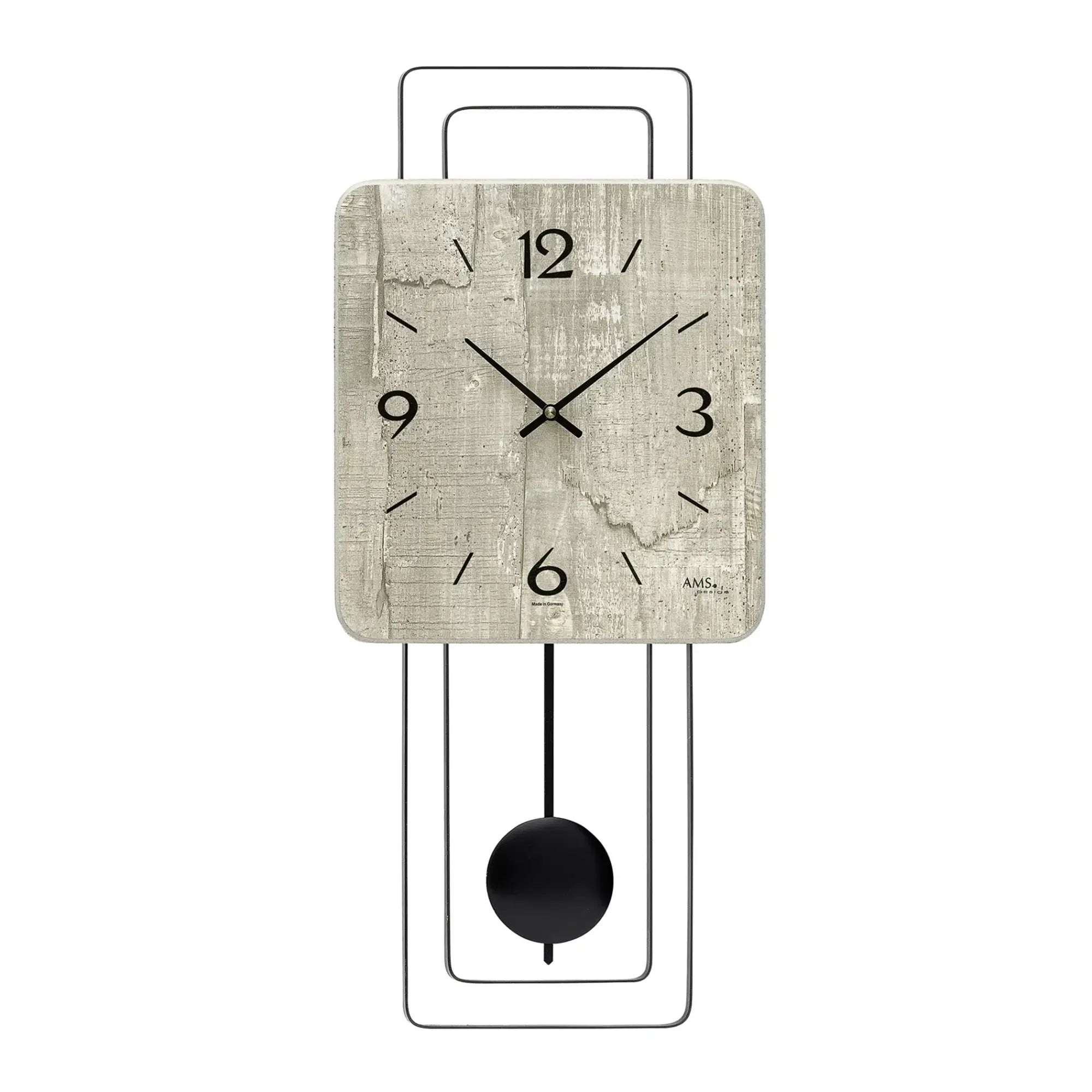 Orologio da parete con effetto cemento grigio, lancette nere, numeri 3, 6, 9, 12, pendolo e staffa di montaggio