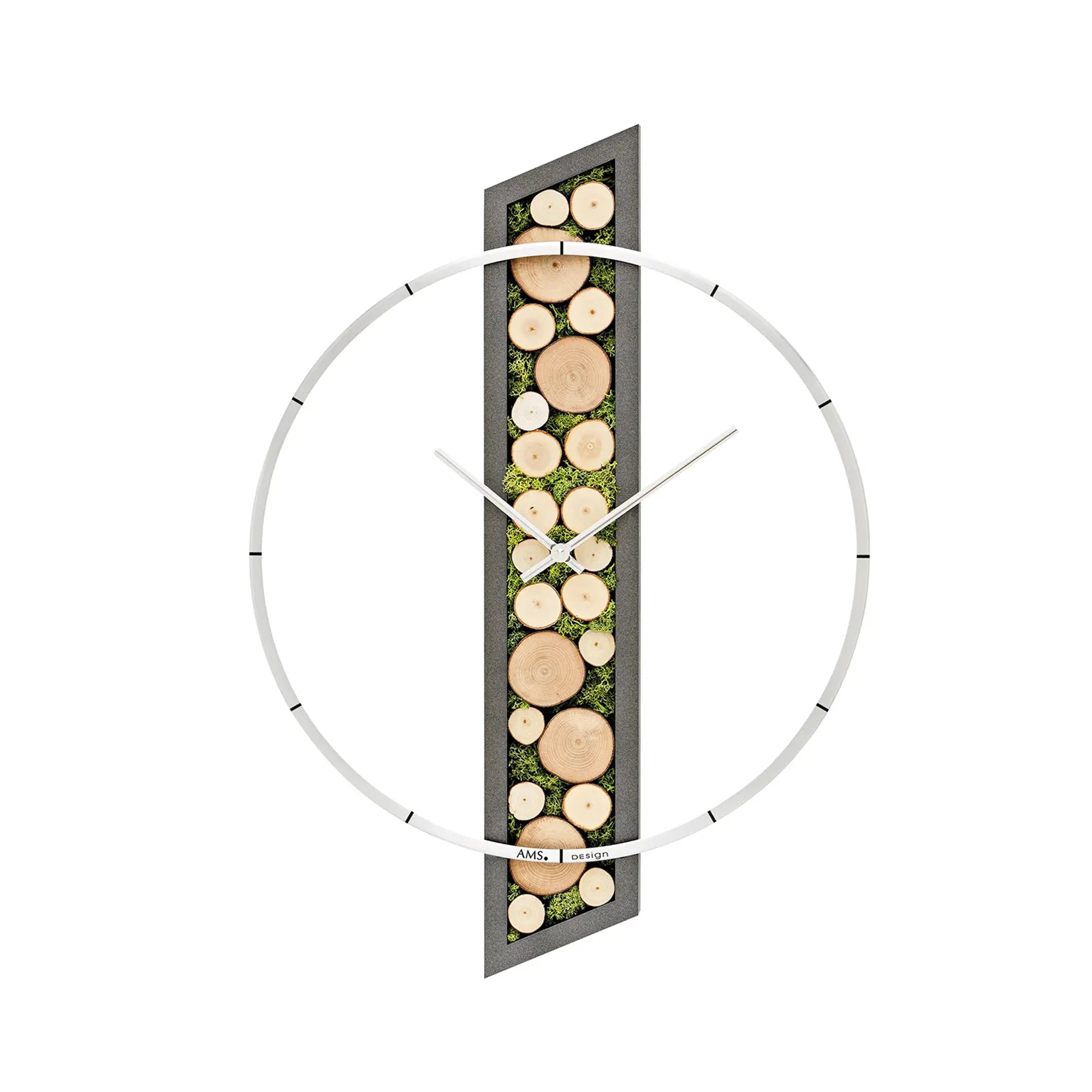 Orologio da parete con parete di muschio e dischi di legno in cornice, anello in alluminio bianco, lancette