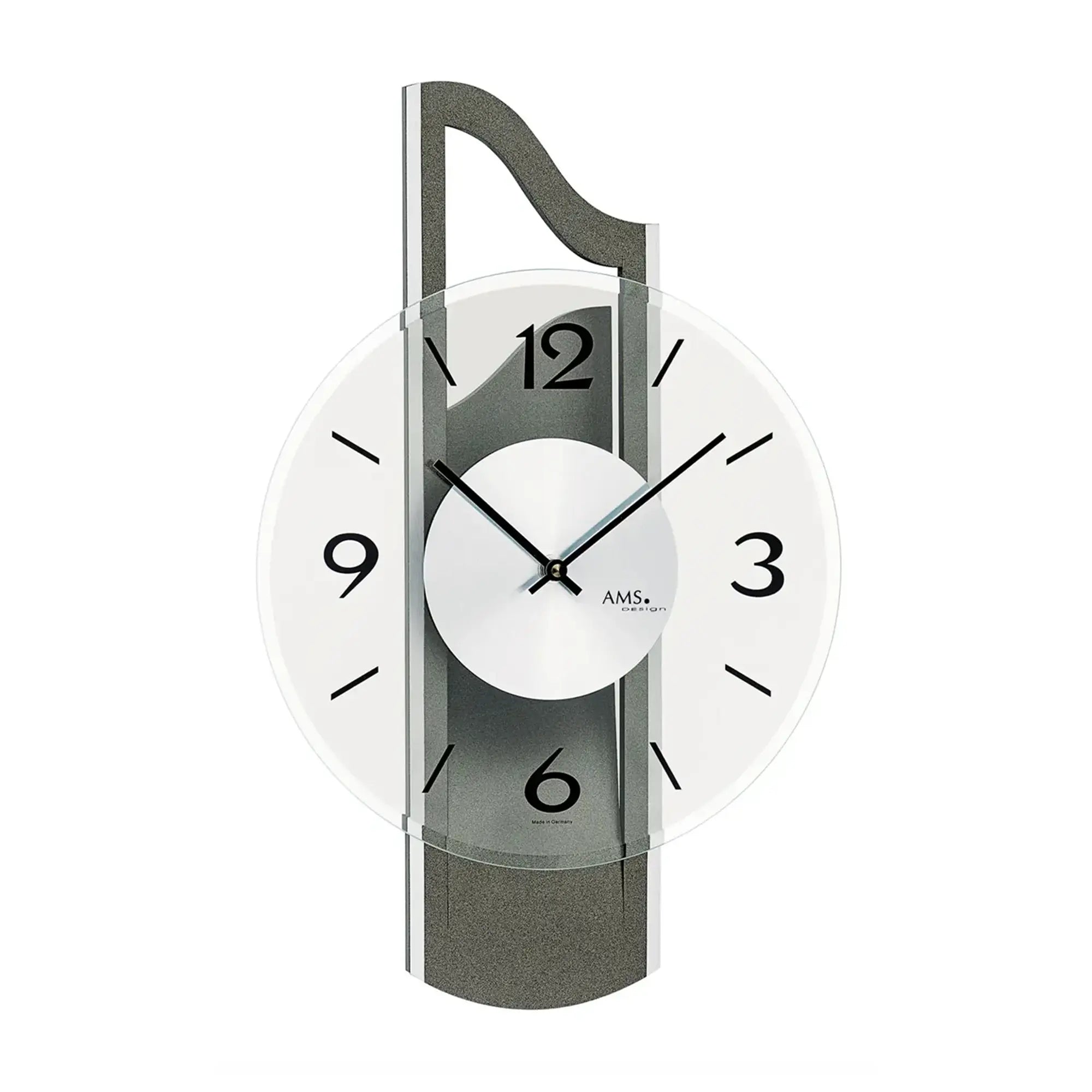 Wanduhr mit anthrazitfarbenem Holzrahmen, Facetten-Mineralglas, Ziffern 1–12, AMS.
