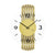 Wanduhr mit gelbem Ziffernblatt, schwarzen Zeigern und messingfarbenem Holzrahmen
