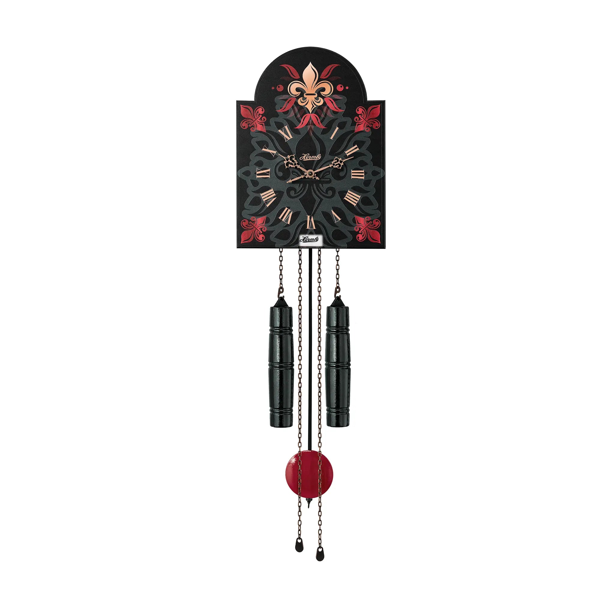 Orologio da parete con quadrante nero e finiture rosse, due pendoli cilindrici neri e catene