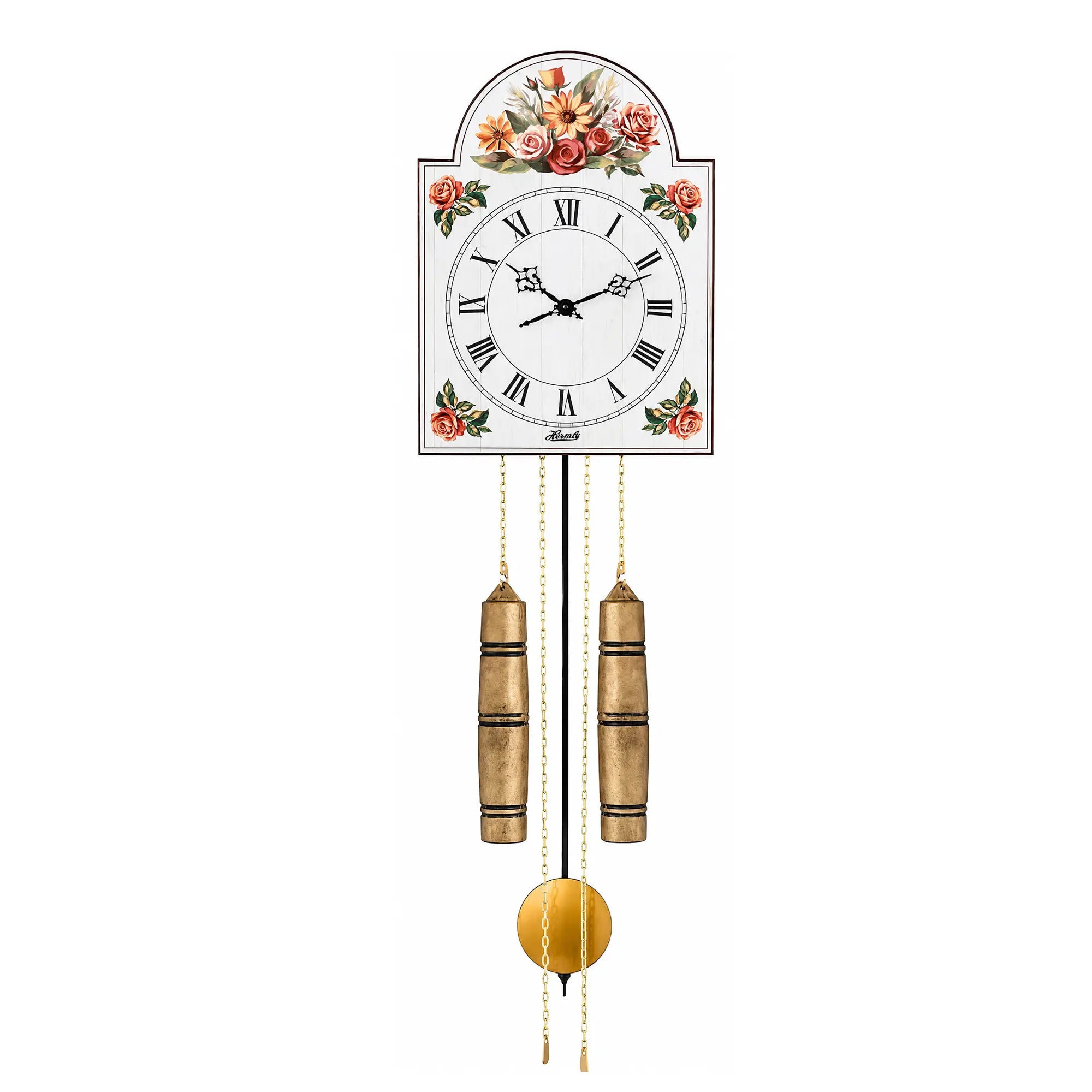 Orologio da parete con decoro floreale, quadrante romano e pesi dorati a pendolo