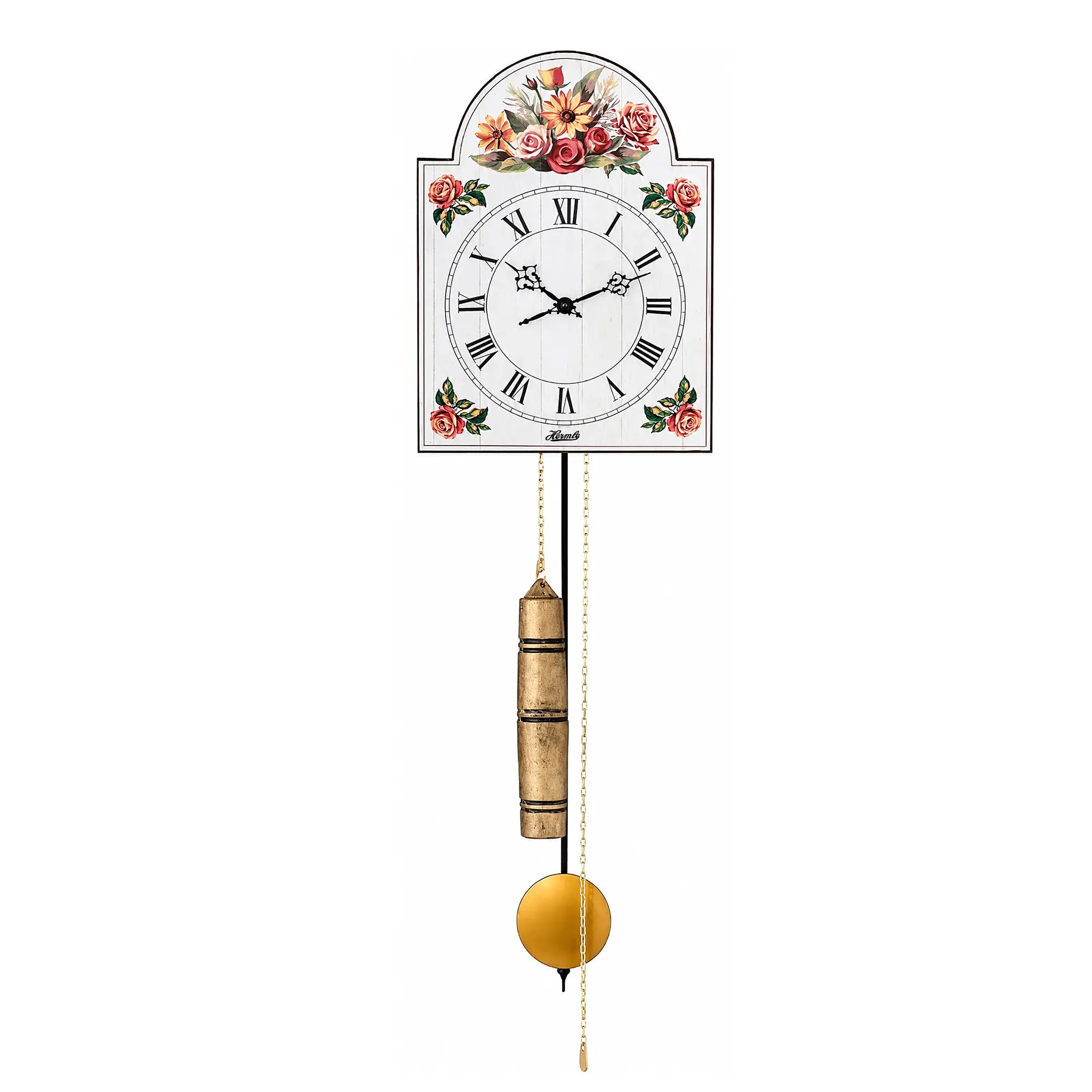 Orologio da parete con quadrante floreale, cassa in legno e peso a pendolo dorato
