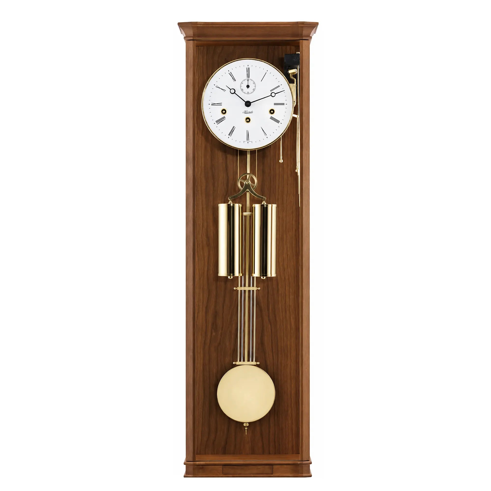 Orologio da parete in legno con quadrante rotondo, aste sonore dorate e pendolo rotondo