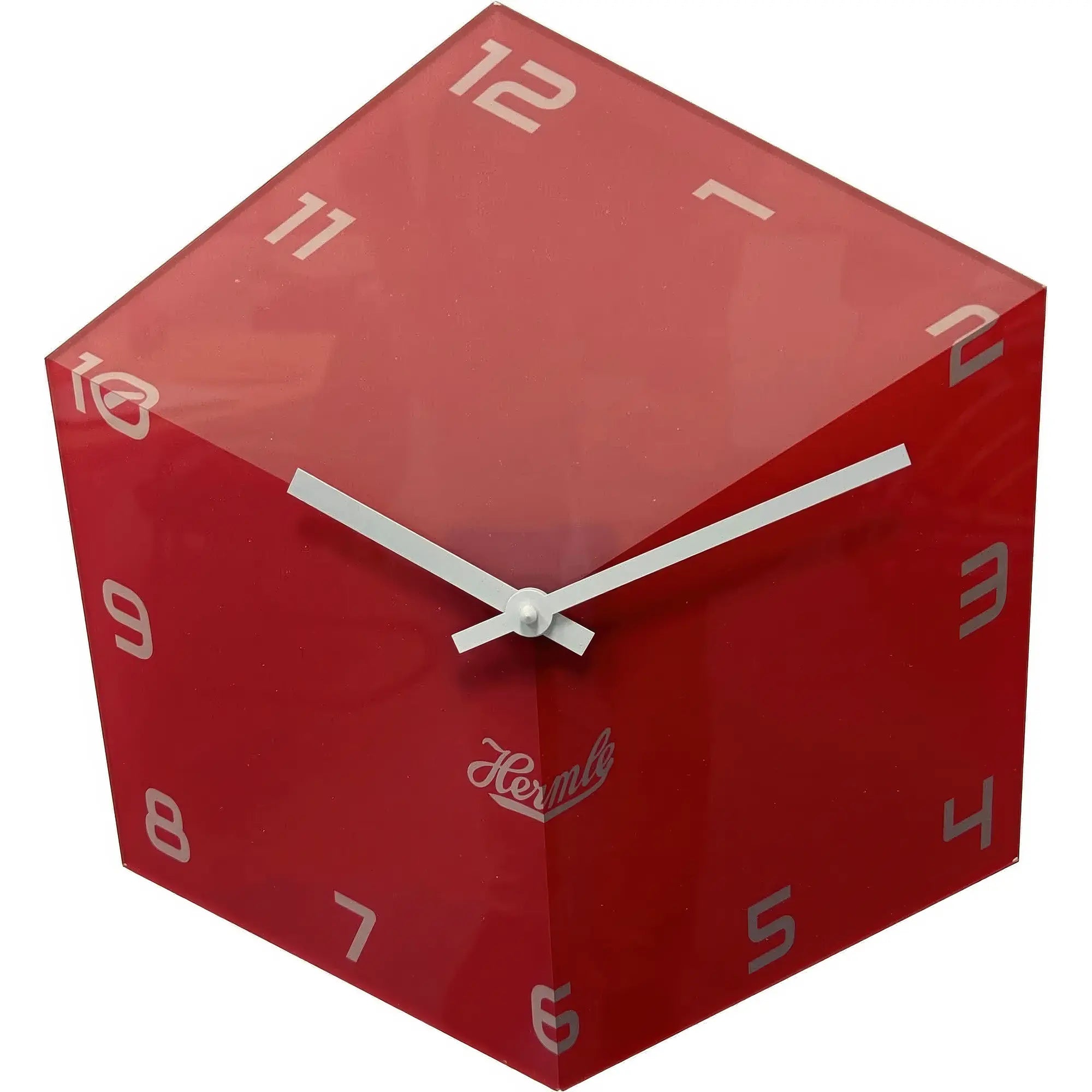 Orologio da parete rosso in cassa cubica in acrilico con lancette bianche e scritta Hermle