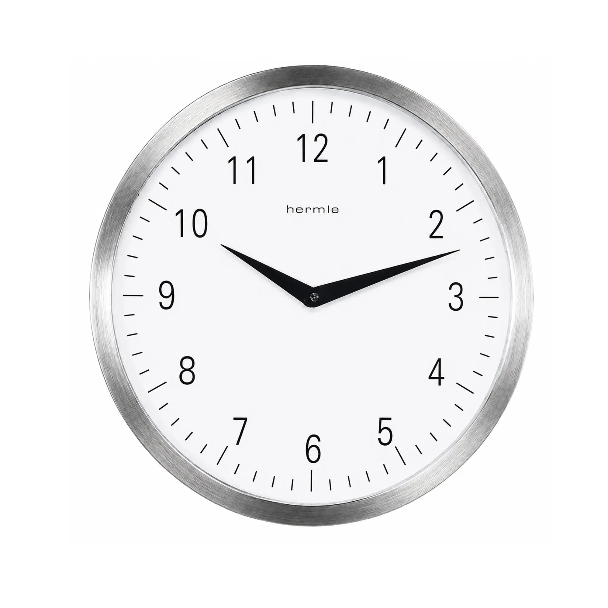 Orologio da parete rotondo, bordo in metallo argentato, quadrante bianco con lancette e numeri neri