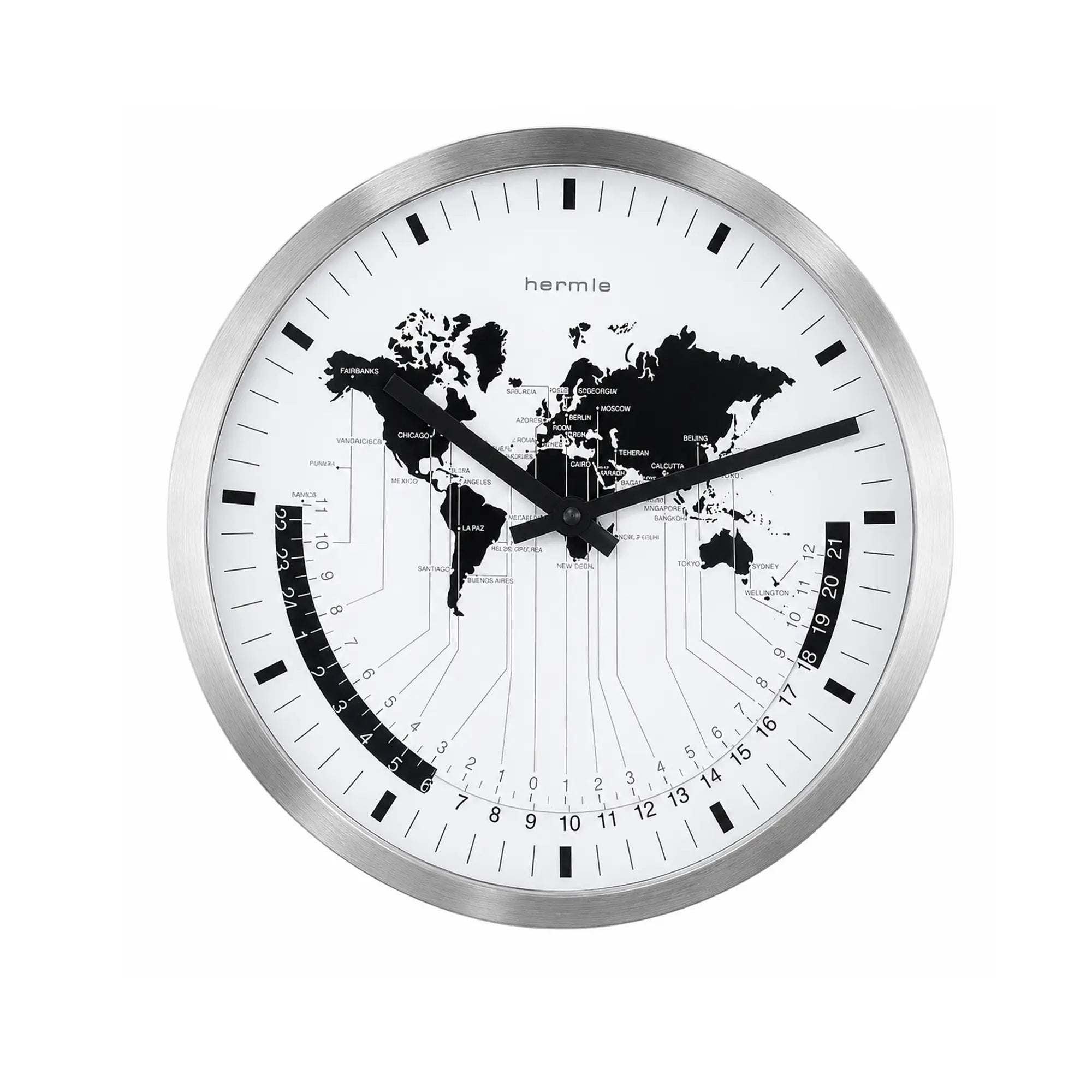 Orologio da parete rotondo: cornice in metallo argentato, quadrante bianco, mappa del mondo nera